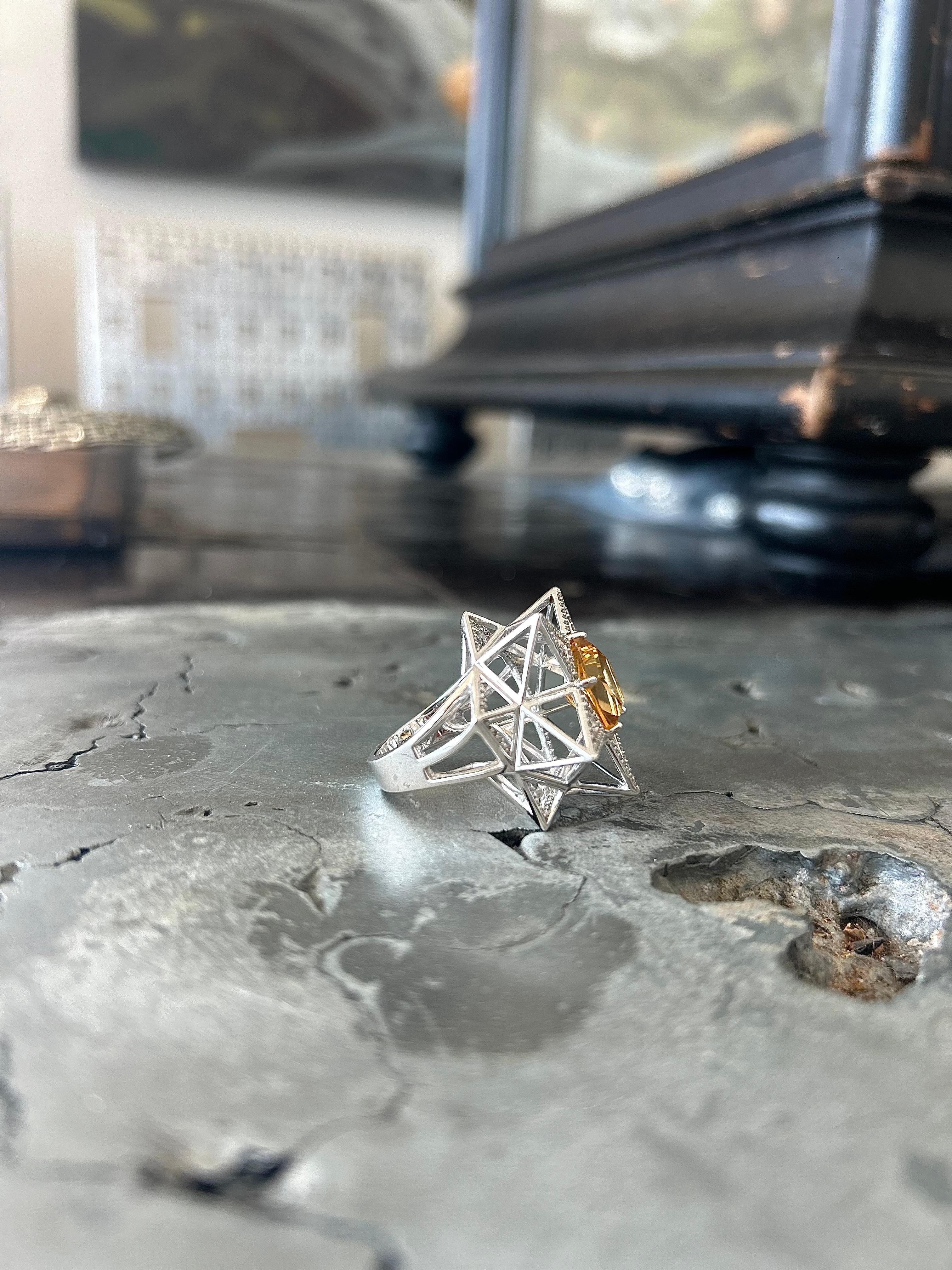 Contemporary One of a Kind Star Diamond and Citrine 18K White Gold Ring – Sacred Geometry For Sale