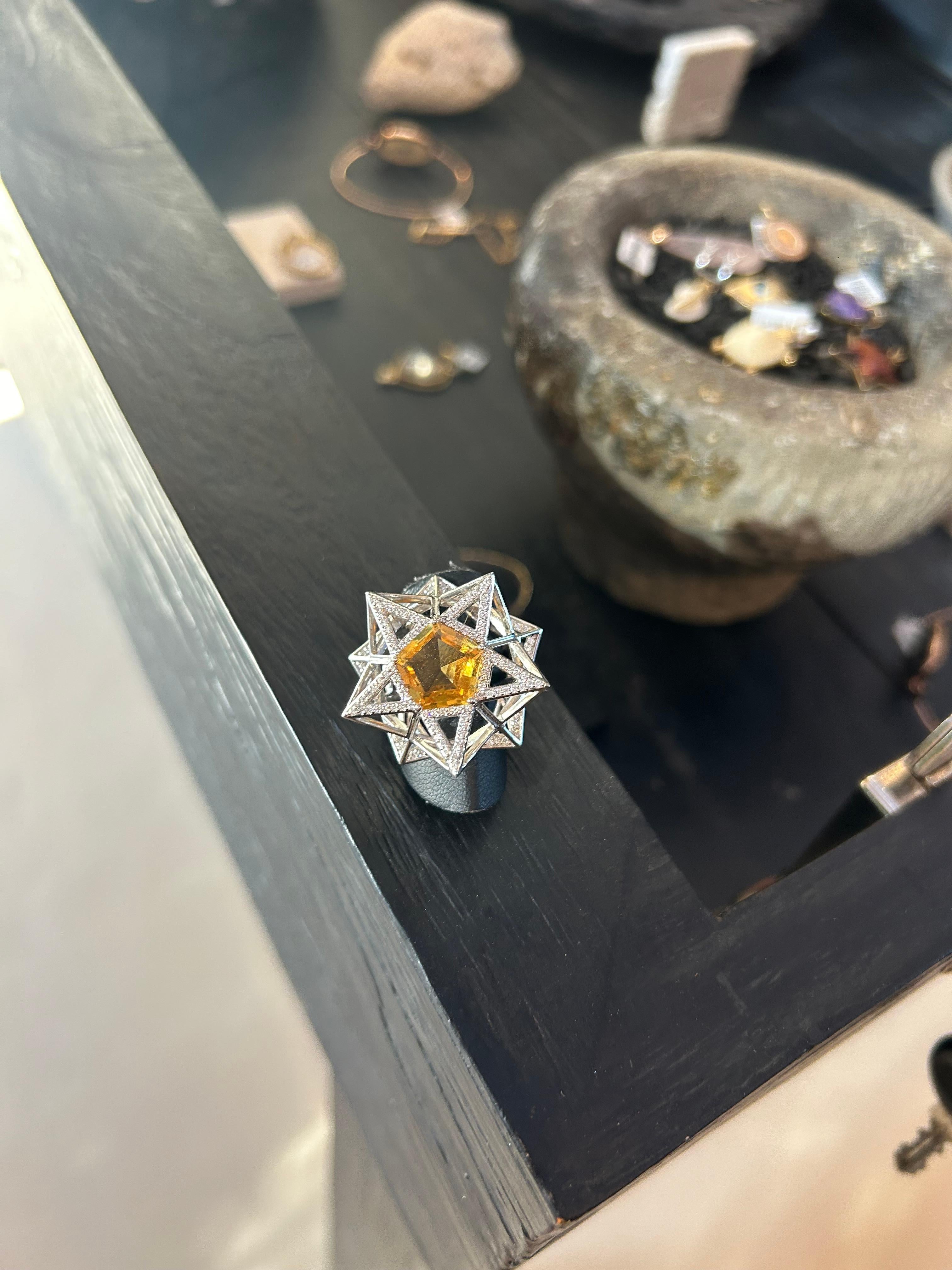 Women's One of a Kind Star Diamond and Citrine 18K White Gold Ring – Sacred Geometry For Sale