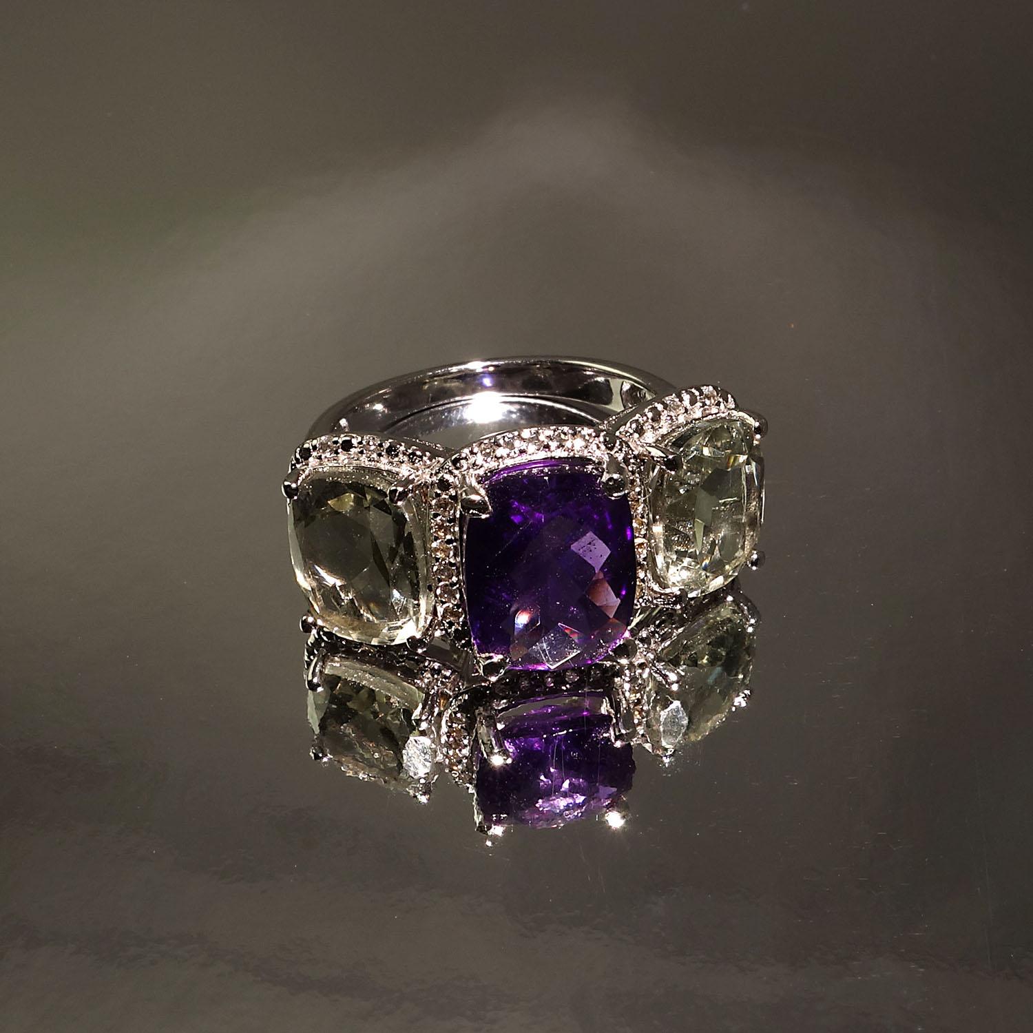 Women's or Men's  AJD Cocktail Ring of Amethyst & Praziolite in Silver   February Birthstone