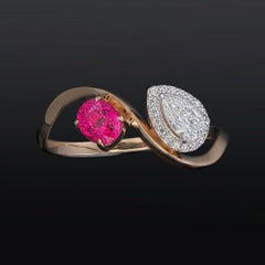 Sparkling Toi Et Moi Natural Ruby and Pear Shape Diamond Ring in 18K Rose Gold
