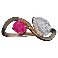 Sparkling Toi Et Moi Natural Ruby and Pear Shape Diamond Ring in 18K Rose Gold