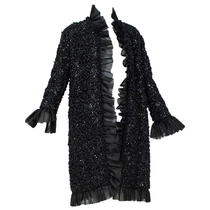 Sparkling Tufted Black Chiffon Ruffled Evening Coat with Bell Cuffs - S-M, 1960s