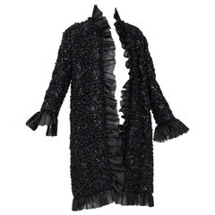 Sparkling Tufted Black Chiffon Ruffled Evening Coat with Bell Cuffs - S-M, 1960s