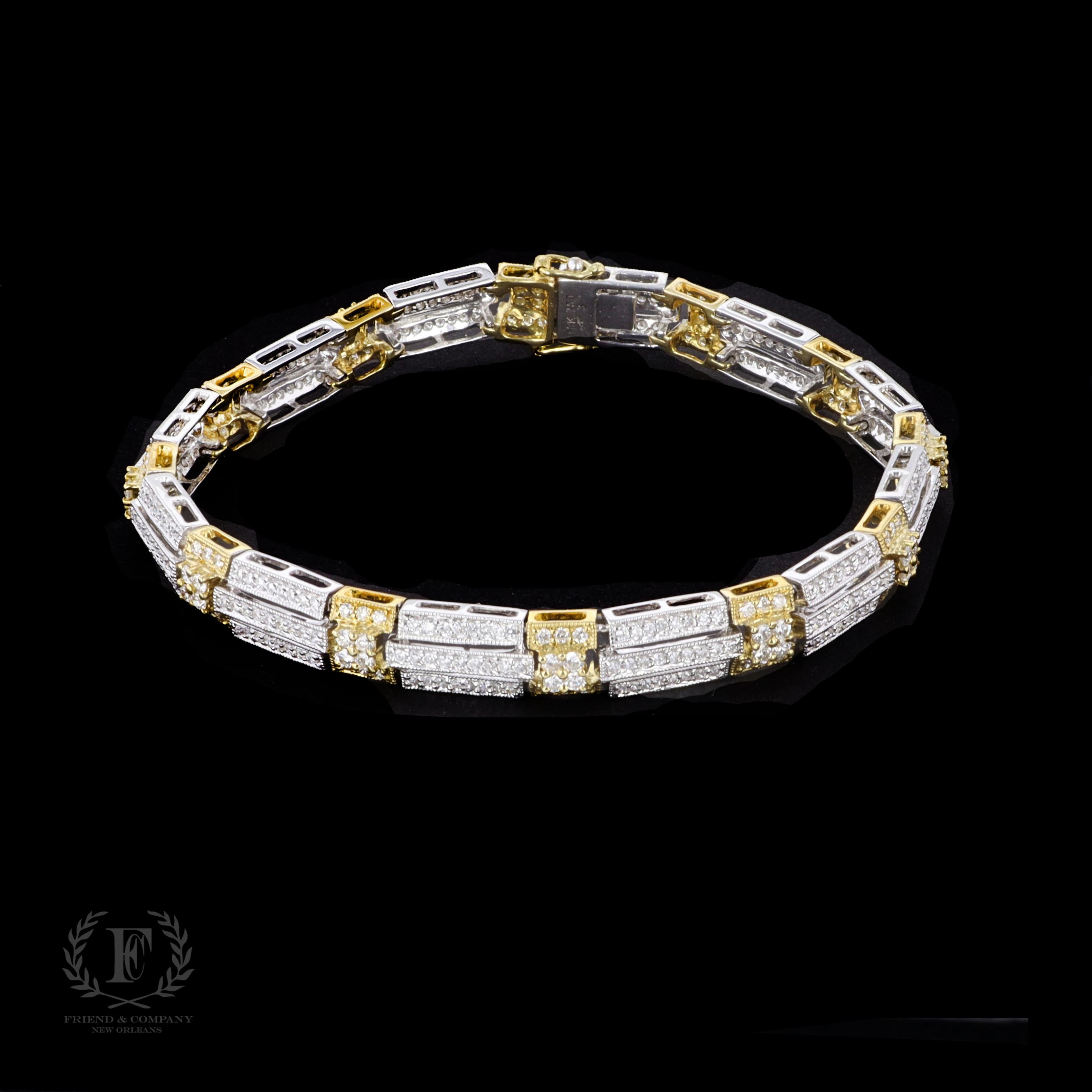 This sparkling estate bracelet is set with beautiful round cut diamonds that weigh approximately 4.00 carats. The color of the diamonds is G with VS clarity. The bracelet measures 7 millimeters in width and 7 inches in length. The bracelet is