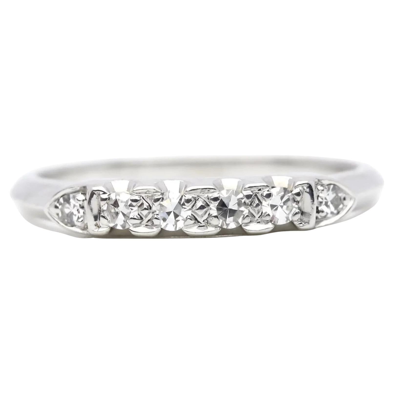Sparkling Vintage Six Stone Diamond Wedding Band in 18K White Gold For Sale