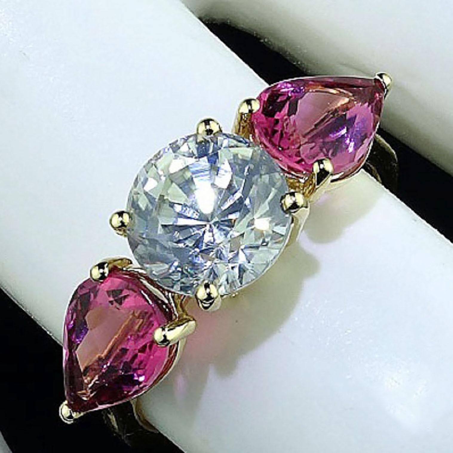 AJD Sparkling White Cambodian Zircon and Pink Tourmaline Ring In New Condition In Raleigh, NC