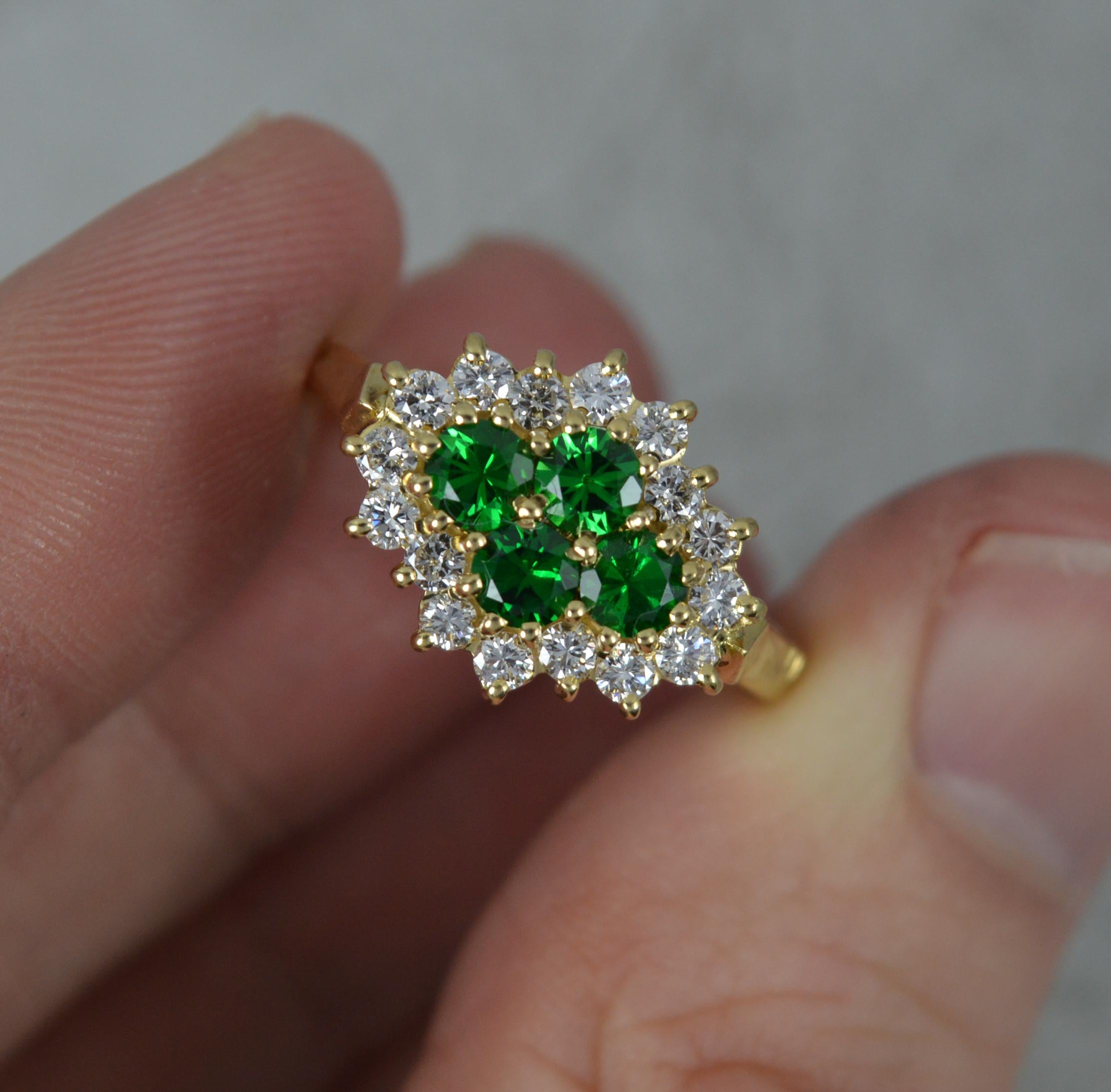 Women's or Men's Sparkly 18 Carat Gold Green Garnet and Diamond Cluster Ring