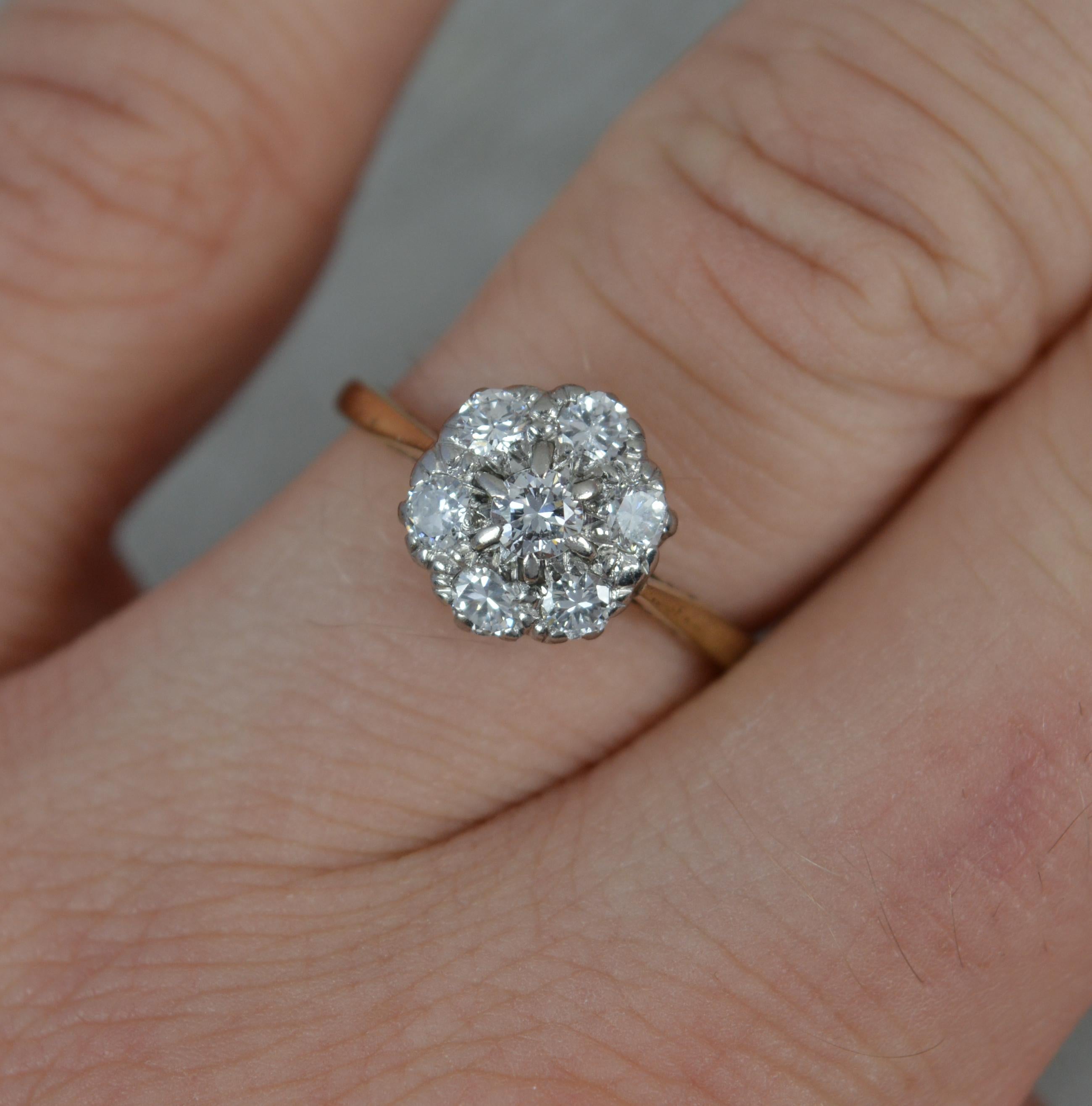 A superb diamond ring circa 1950.
Solid 18 carat yellow gold shank with platinum head setting.
Designed with a cluster of seven round cut diamonds to total 0.55cts approx. Very clean, white and sparkly.
8.8mm x 9.8mm cluster head.

CONDITION ; Very
