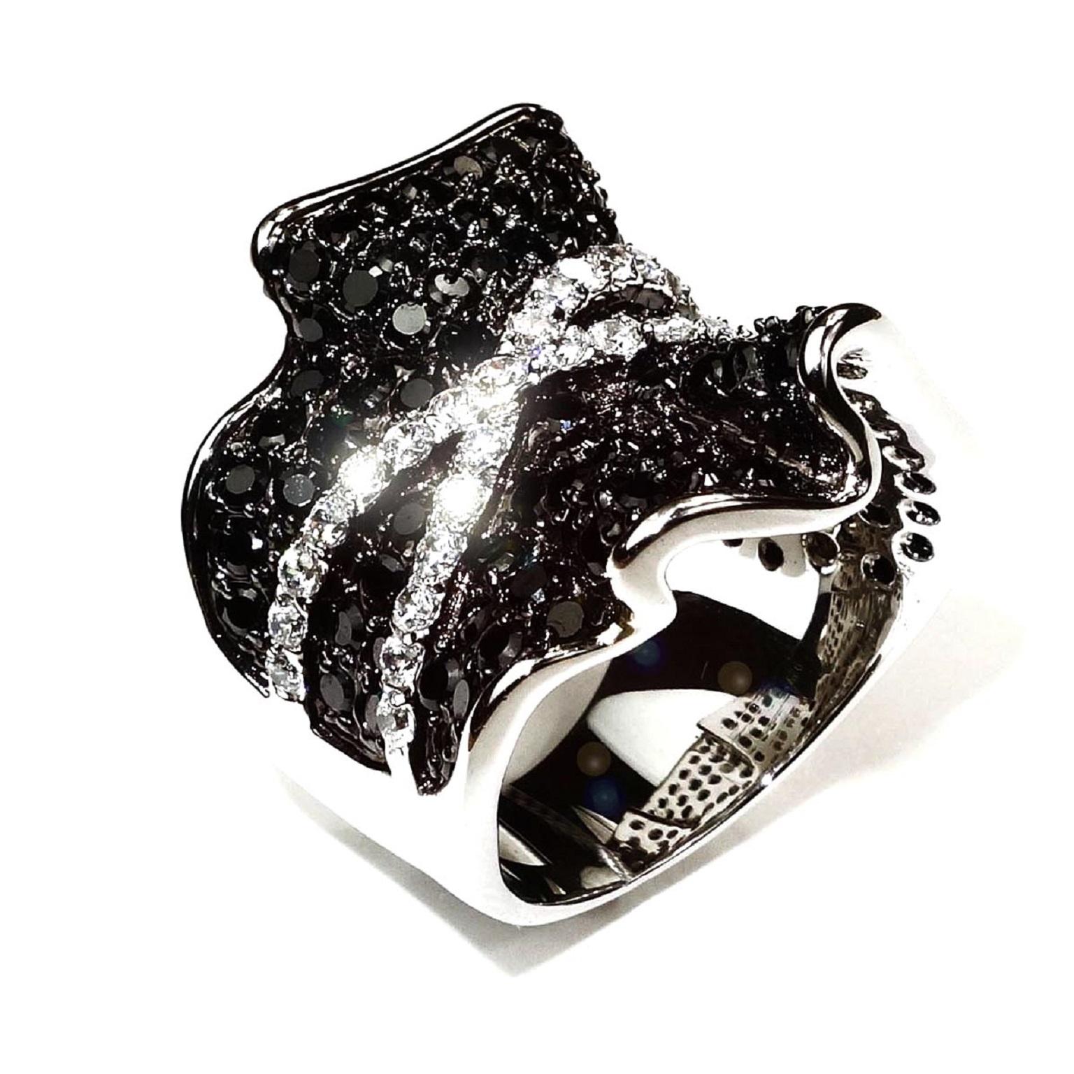 Fun, faux sparkly Black and White Dinner ring.  Sparkly Black and White CZs set in Rhodium plated Sterling Silver.  The ruffly shape is elegant and the cris-cross design is a winner.  The ring fits very comfortably and is a nice weight.  it is just