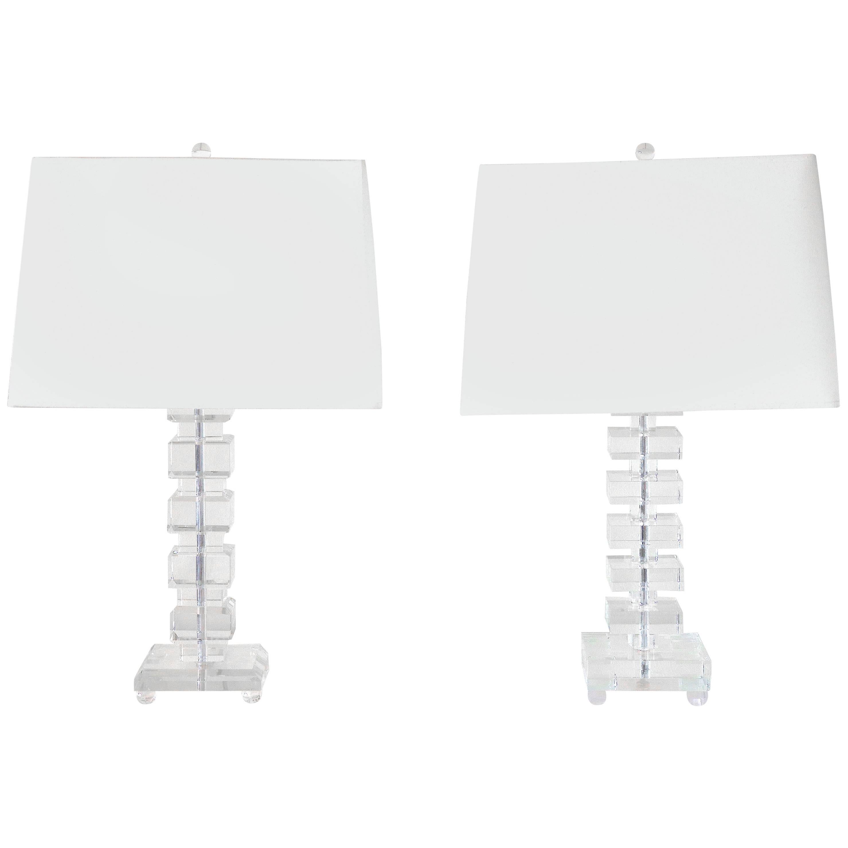 Sparkly Stacked Crystal Block Lamps-Coordinating Pair in Orrefors Style