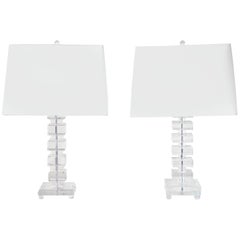 Sparkly Stacked Crystal Block Lamps-Coordinating Pair in Orrefors Style