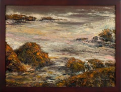 "Mer grise" - Côte impressionniste et paysage aquatique, peinture à l'huile sur toile