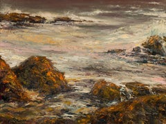 "Mare grigio" - Pittura a olio su tela impressionista di una costa e di un paesaggio acquatico