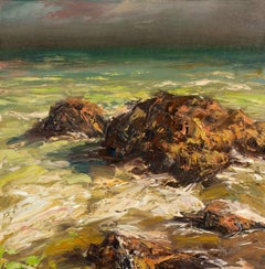"Sesimbra" - Pittura a olio su tela impressionista con oceano e cielo
