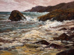 "Sesimbra, Portugal, vagues océaniques sur roches, peinture à l'huile de Sparky LeBold