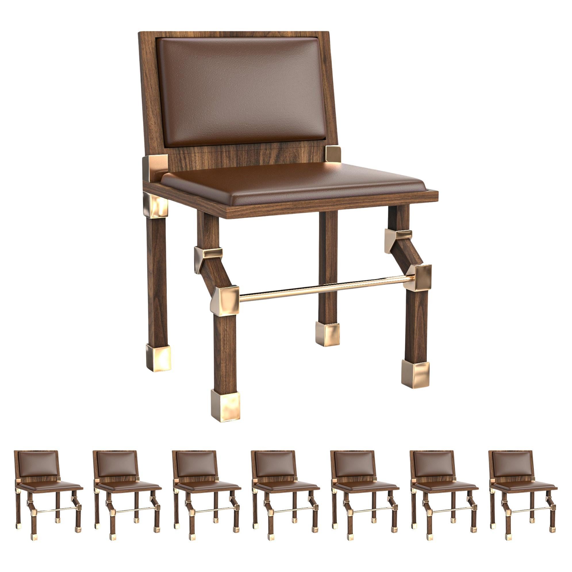 „Sparrow“-Stuhl, achtteilig, Nussbaum und Bronzedetails, handgefertigt, Istanbul