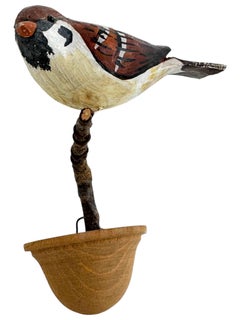 Sparrow Vichtauer Hand Carved Wood Bird, Black Forest Folk Art, Austria, 1920s