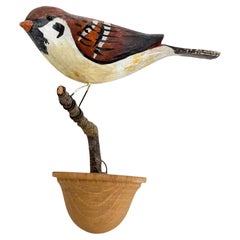 Antique Sparrow Vichtauer Hand Carved Wood Bird, Black Forest Folk Art, Austria, 1920s