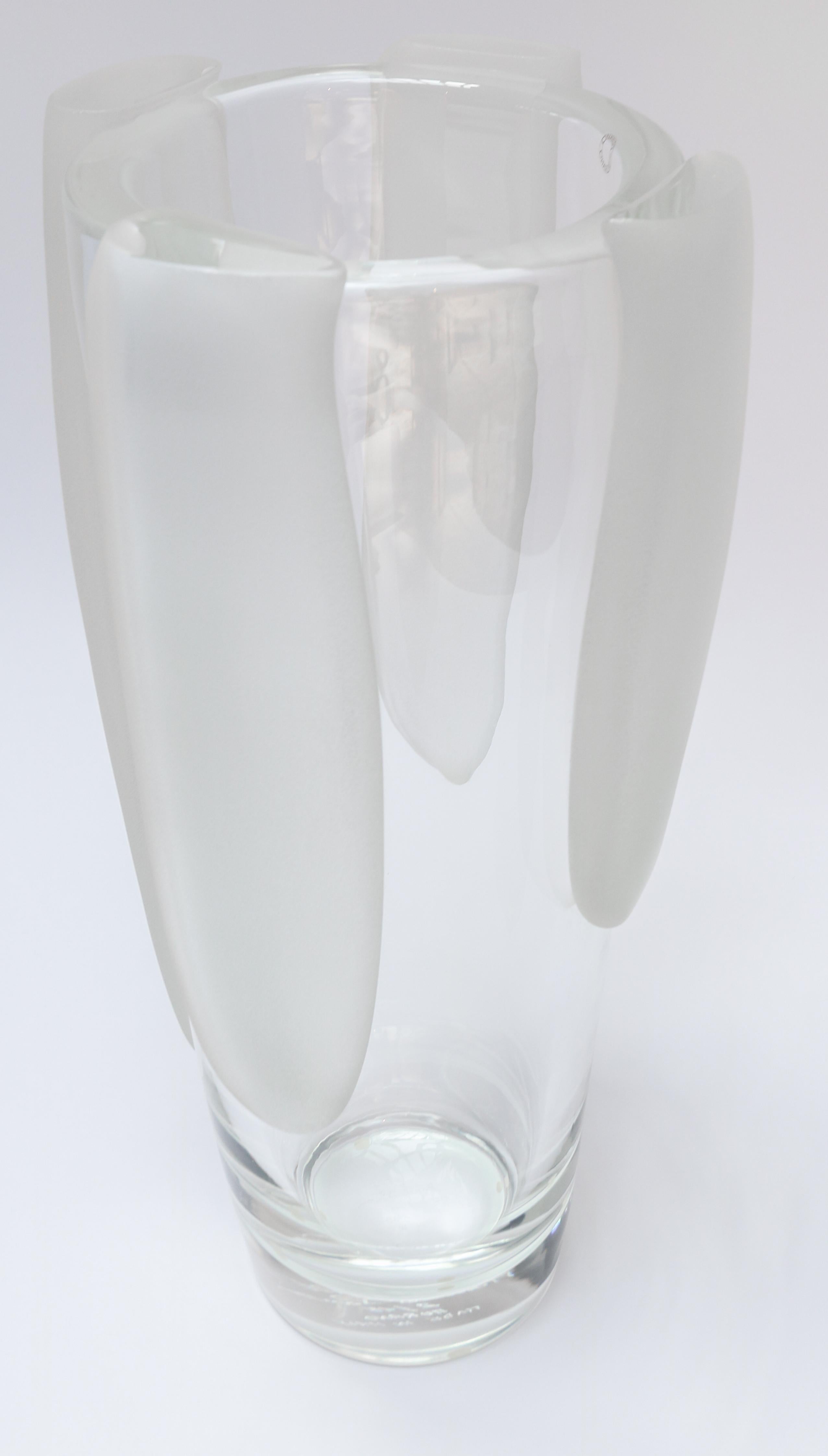 Sparta a murano glass vase. Transparent glass with sanded white finish features.