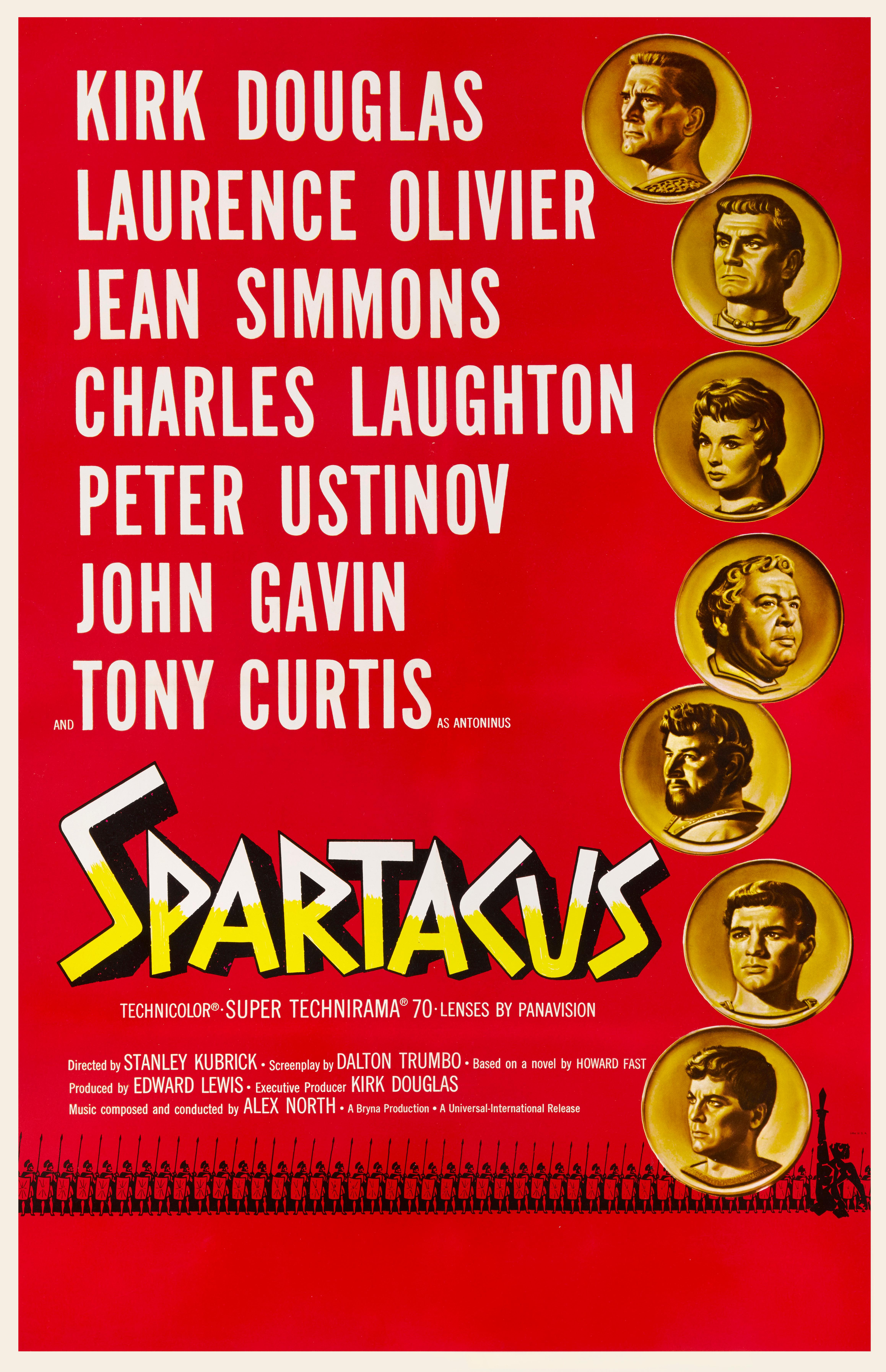 Original Road show style US film poster for “Spartacus” (1960).The film was directed by Stanley Kubrick and stared Kirk Douglas, Laurence Olivier, Charles Laughton, Tony Curtis, Jean Simmons, Peter Ustinov, John Gavin. This epic historical drama