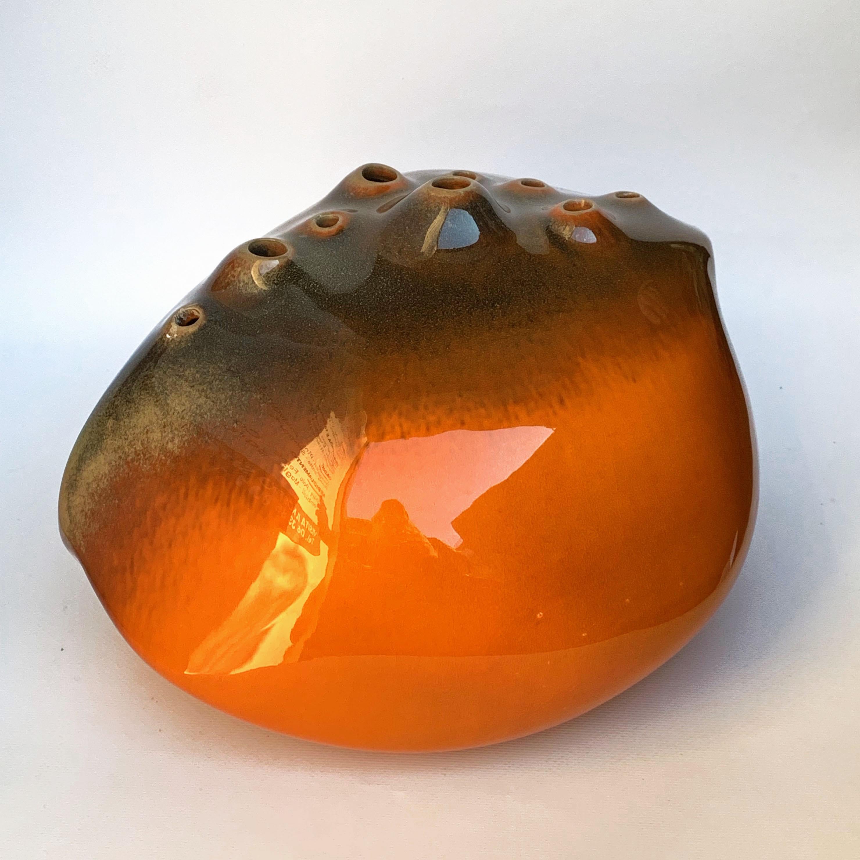Italian Spatial Concept, Style Lucio Fontana, Glazed Ceramic Vase, Orange, Italy, 1960s For Sale