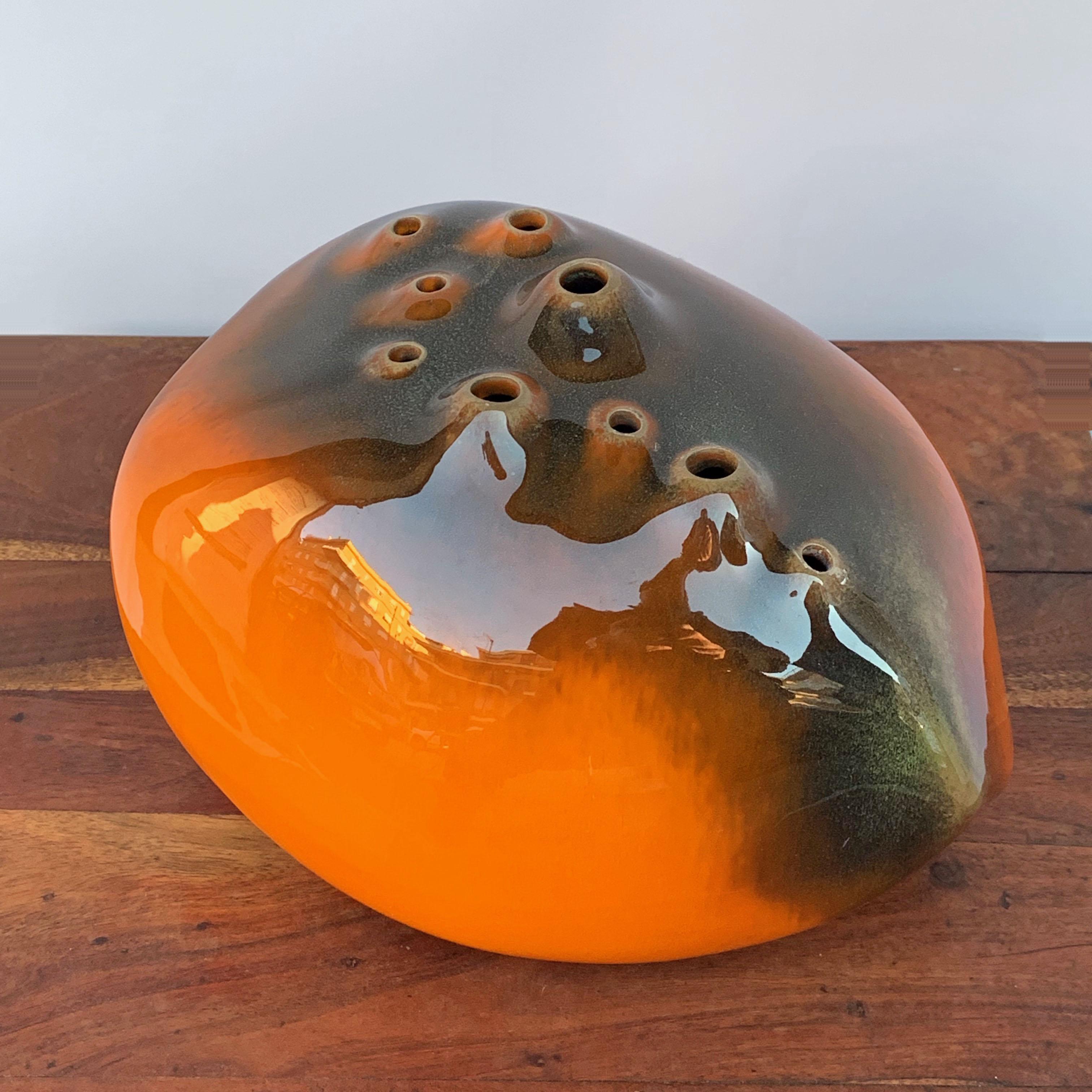 Enameled Spatial Concept, Style Lucio Fontana, Glazed Ceramic Vase, Orange, Italy, 1960s For Sale