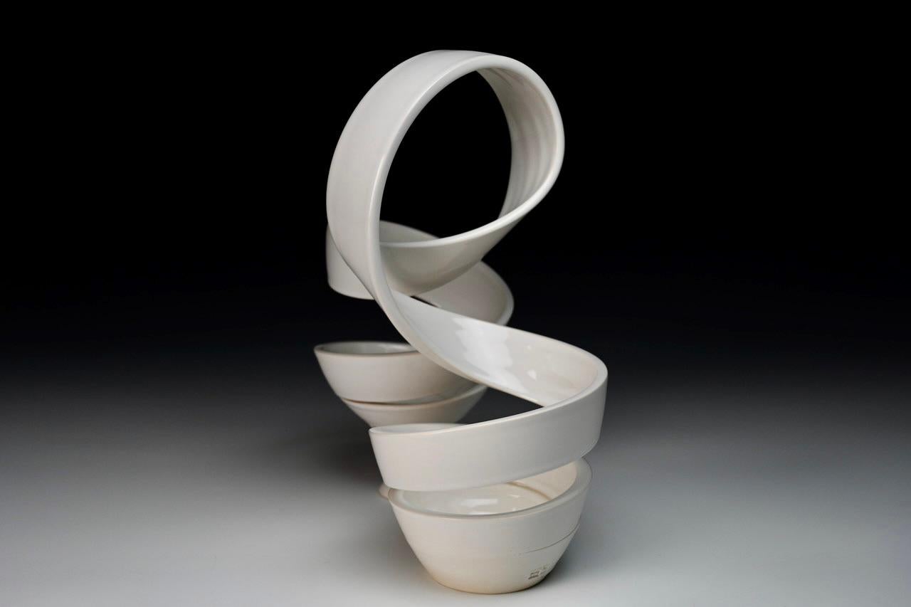 Modern Spatial Spiral: Arch II- White abstract ceramic sculpture by Michael Boroniec For Sale