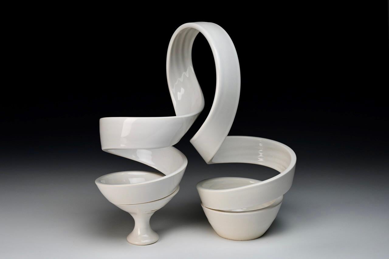 Contemporary Spatial Spiral: Arch II- White abstract ceramic sculpture by Michael Boroniec For Sale