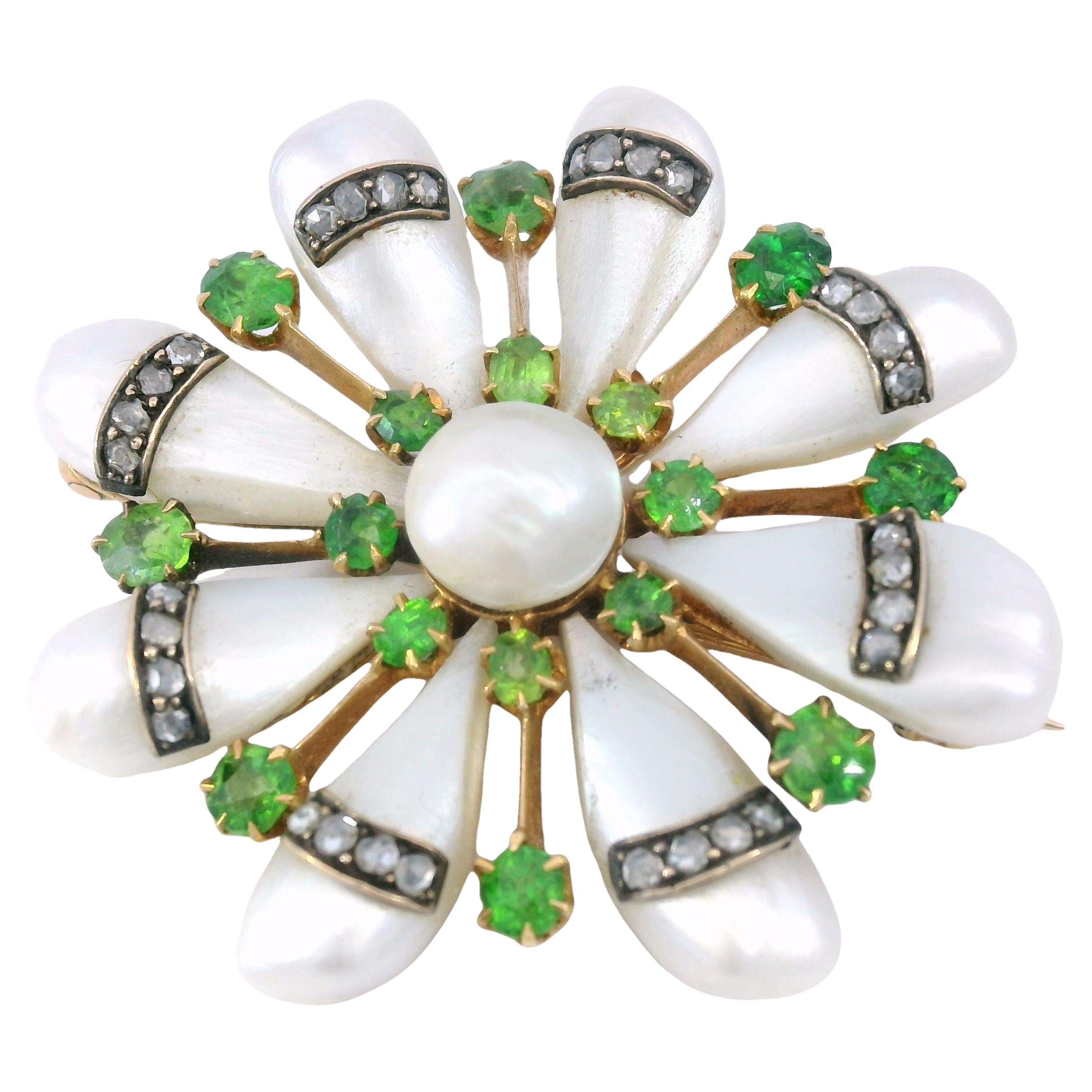 Victorian Pearl Flower Pendant Demantoid Garnets Diamond 14K Gold Spaulding Co.