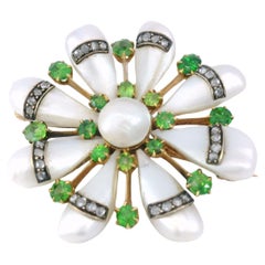 Victorian Pearl Flower Pendant Demantoid Garnets Diamond 14K Gold Spaulding Co.