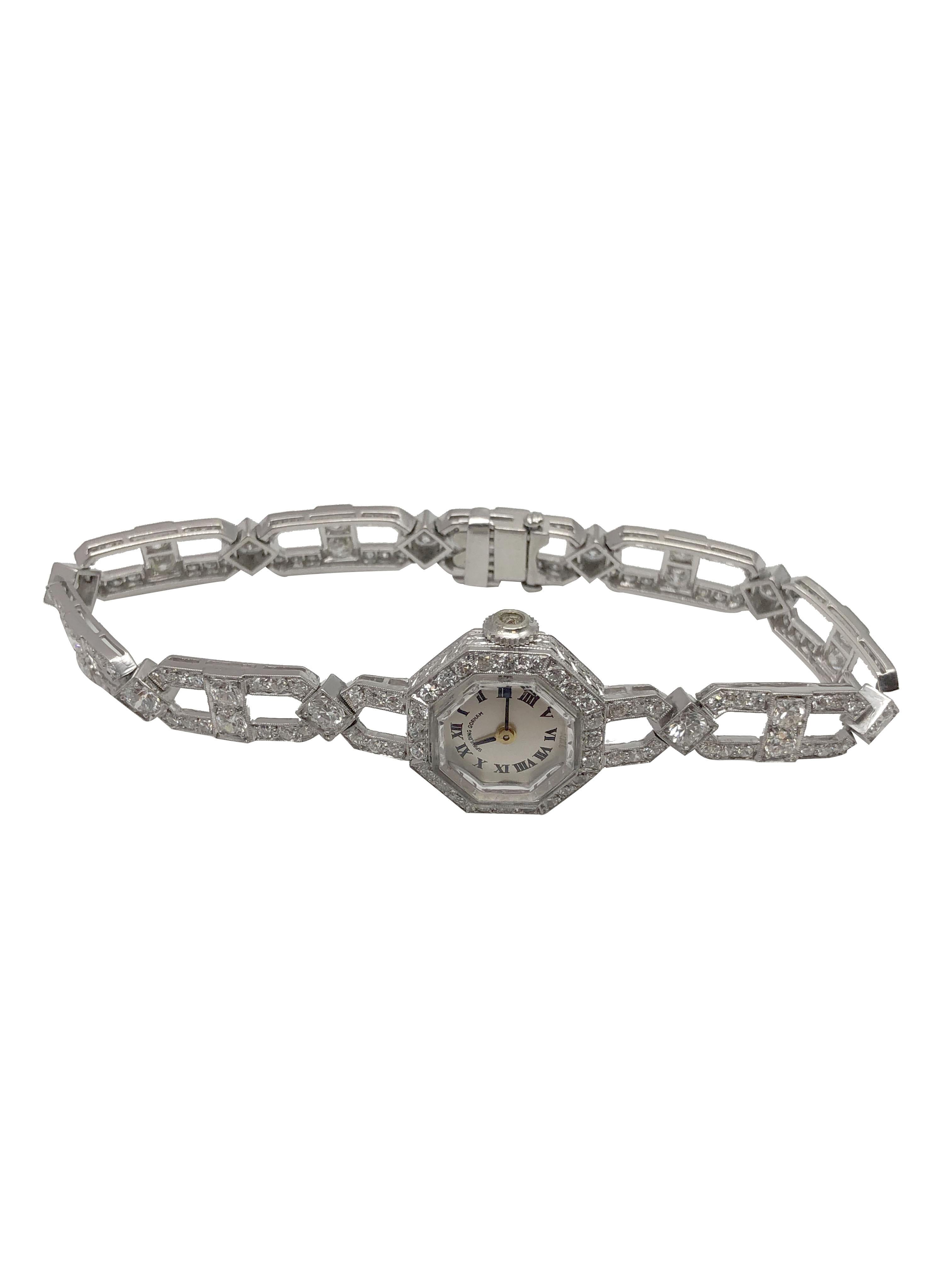 Spaulding Gorham Art Deco Ladies Platinum and Diamond Bracelet Watch In Excellent Condition In Chicago, IL