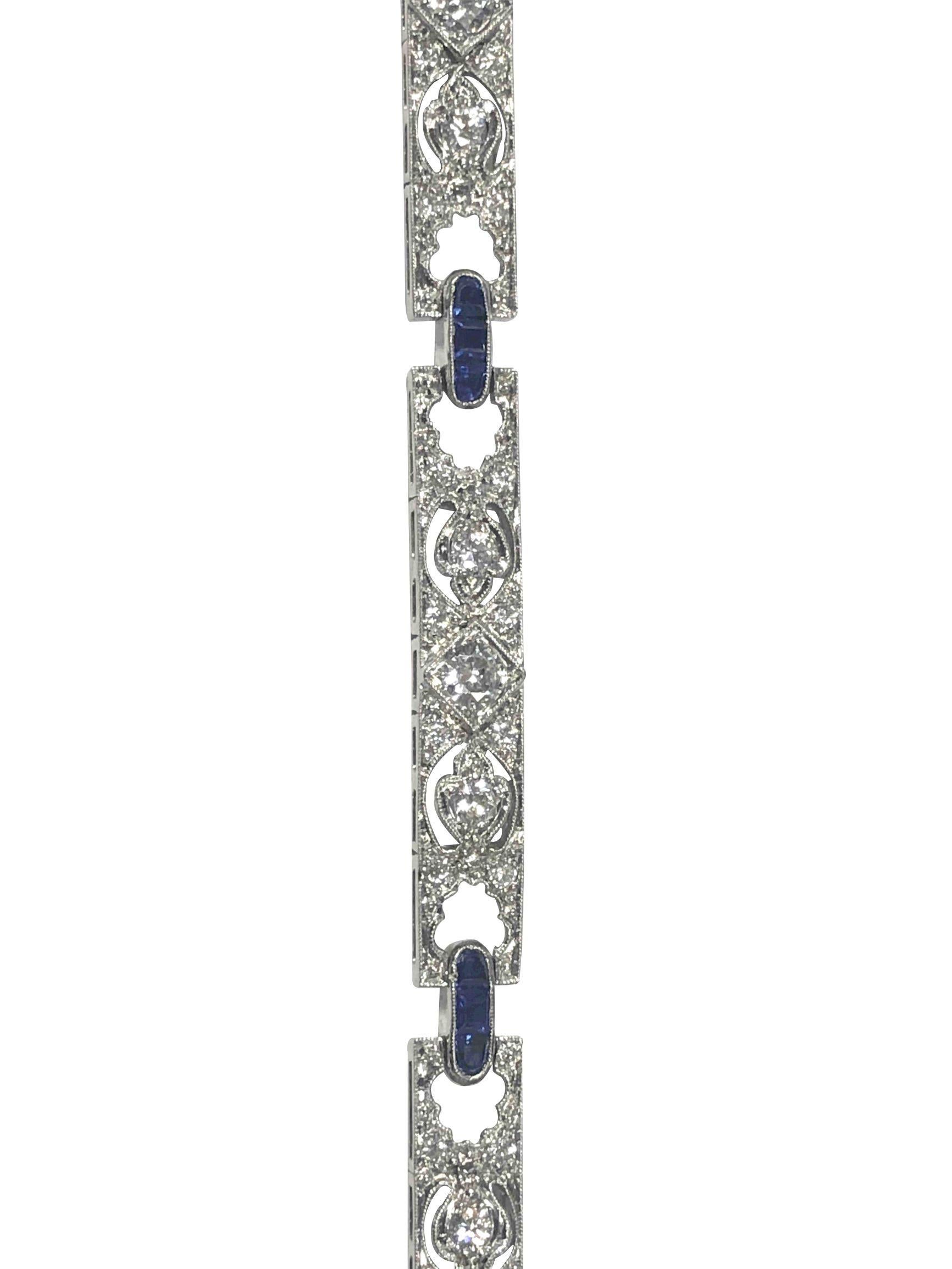 Spaulding Gorham Art Deco Platinum Diamond and Sapphire Bracelet In Excellent Condition In Chicago, IL