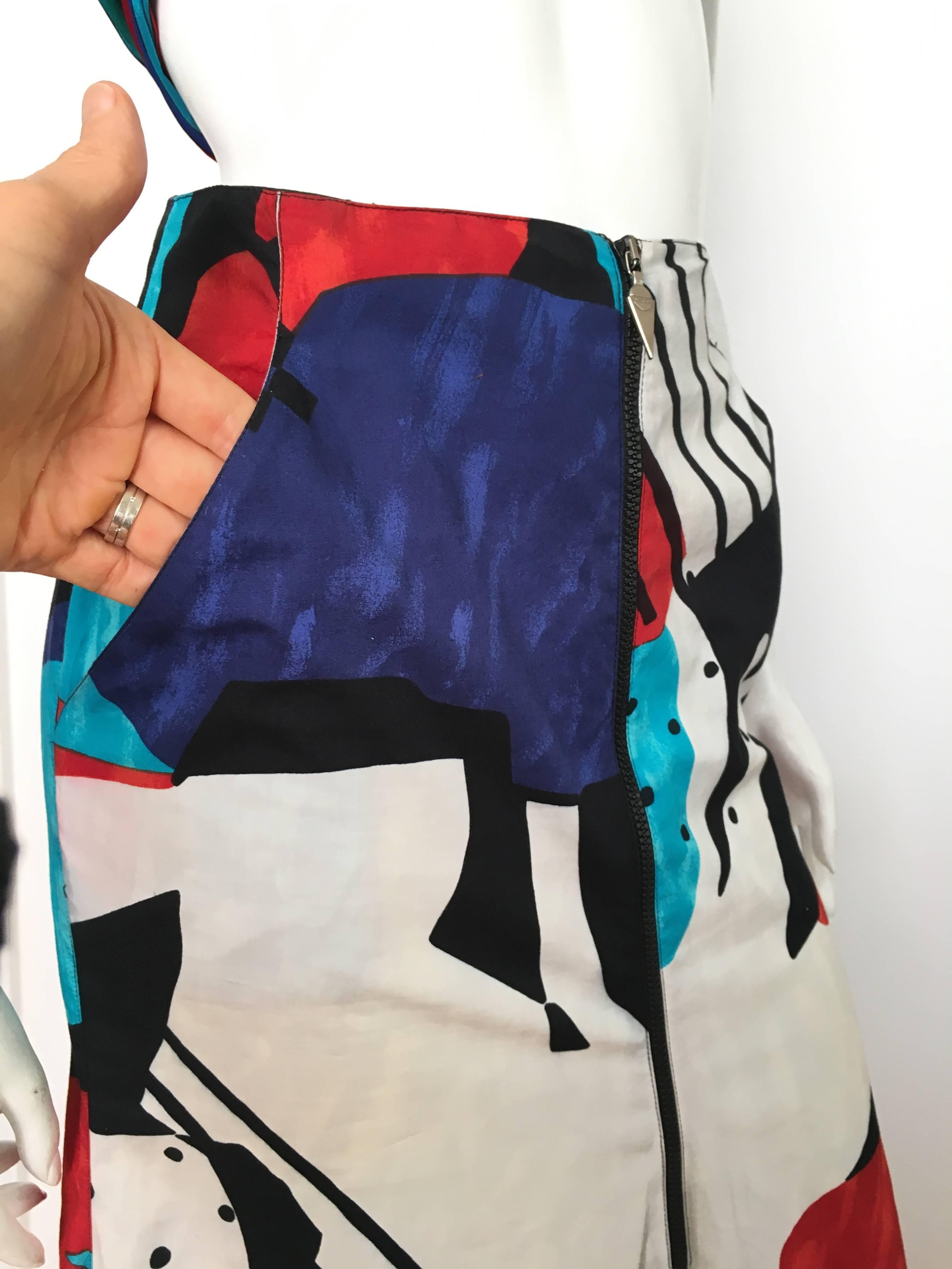 Spazio 1980s Cotton Abstract Pattern Mermaid Skirt with Pockets Size 4. In Excellent Condition For Sale In Atlanta, GA