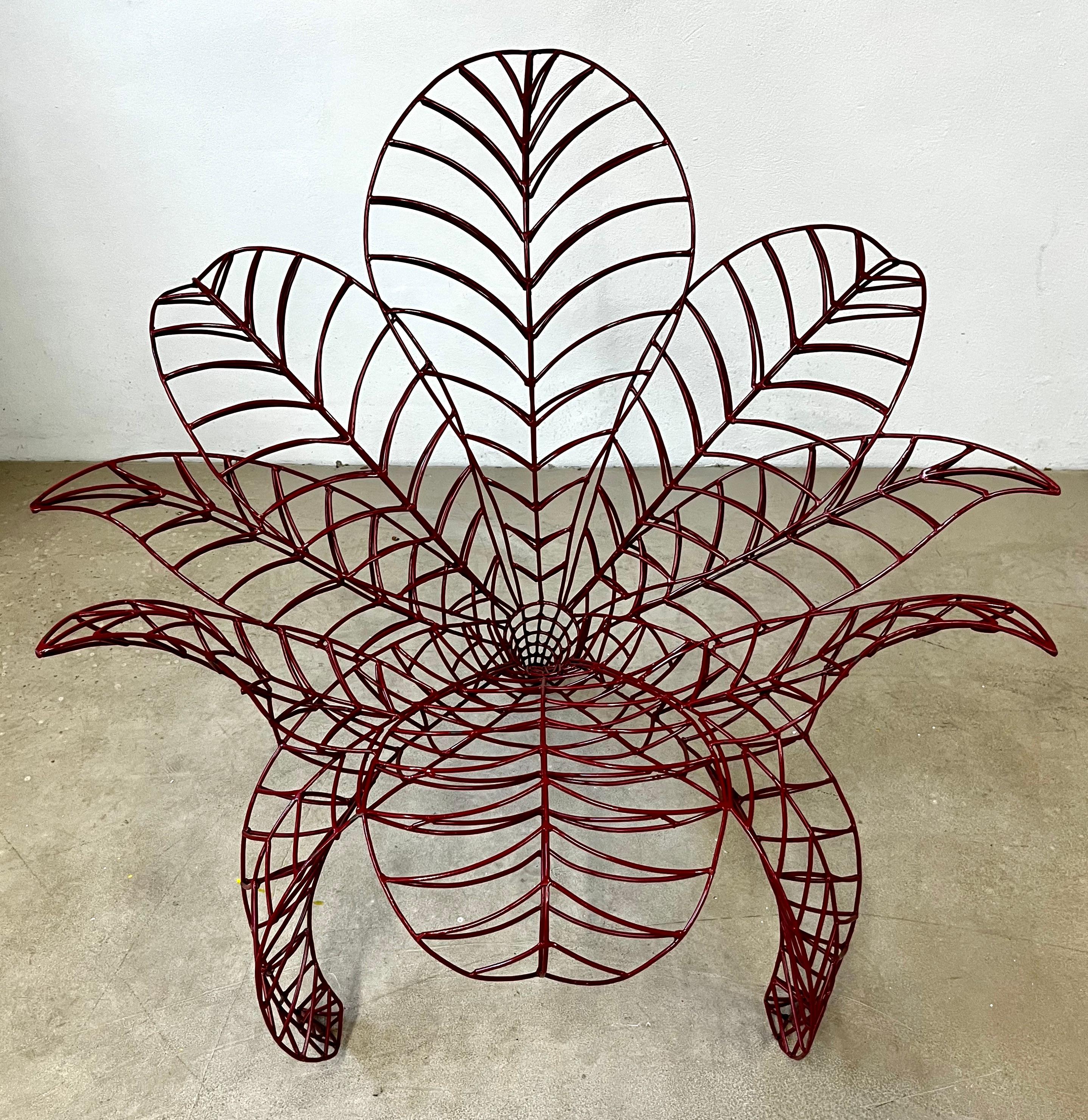 Hand-Crafted Spazzapan Italian Post-Modern Pop Art Burgundy Flower Metal Sculpture Armchair For Sale