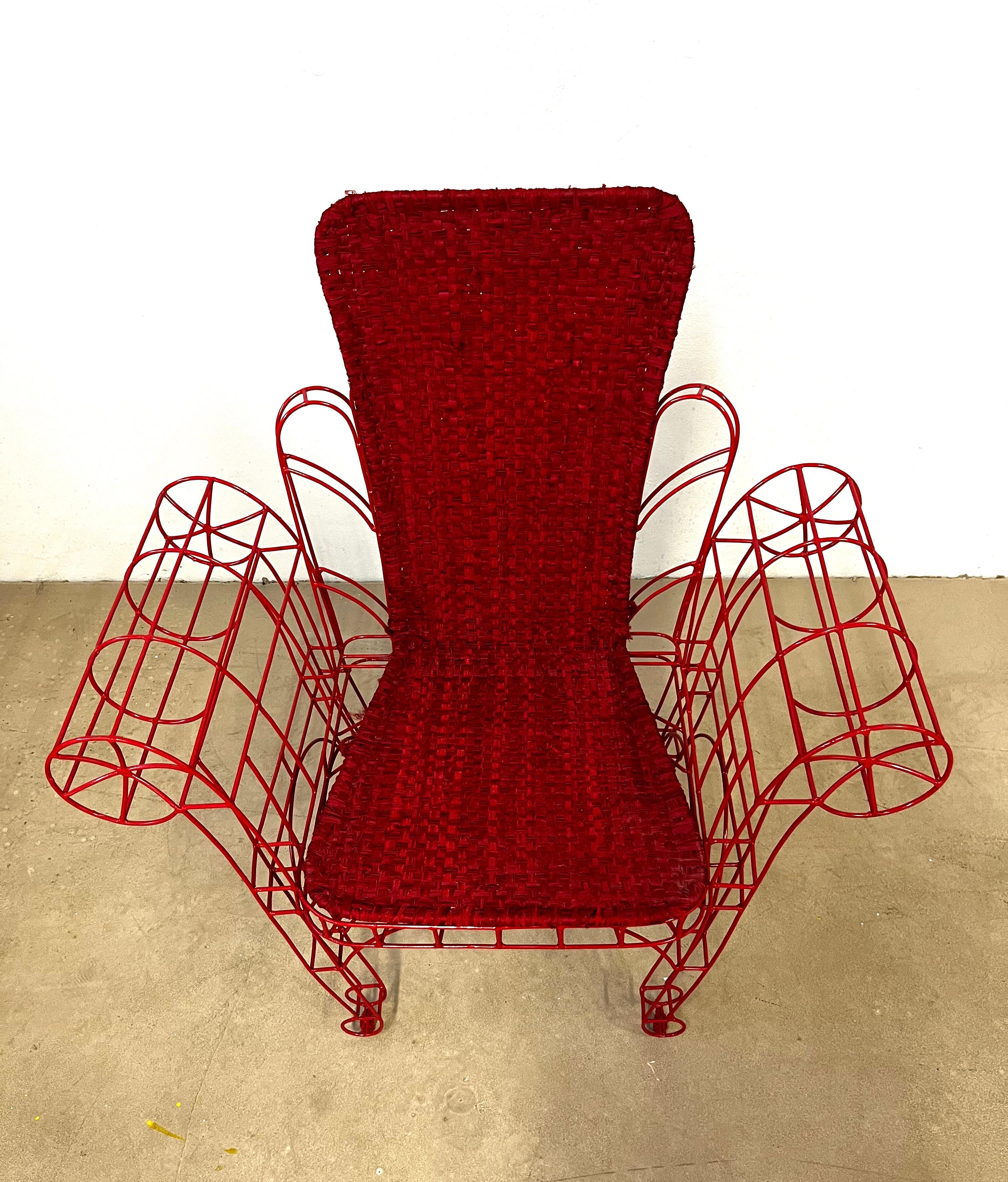 A fun unique modern organic Italian design, manufactured and signed by the Italian artist, Anacleto Spazzapan (Luino, Italy - 1943). A seating collector piece, a minimalist design made entirely by hand with hand-welded thin iron rods, cold painted