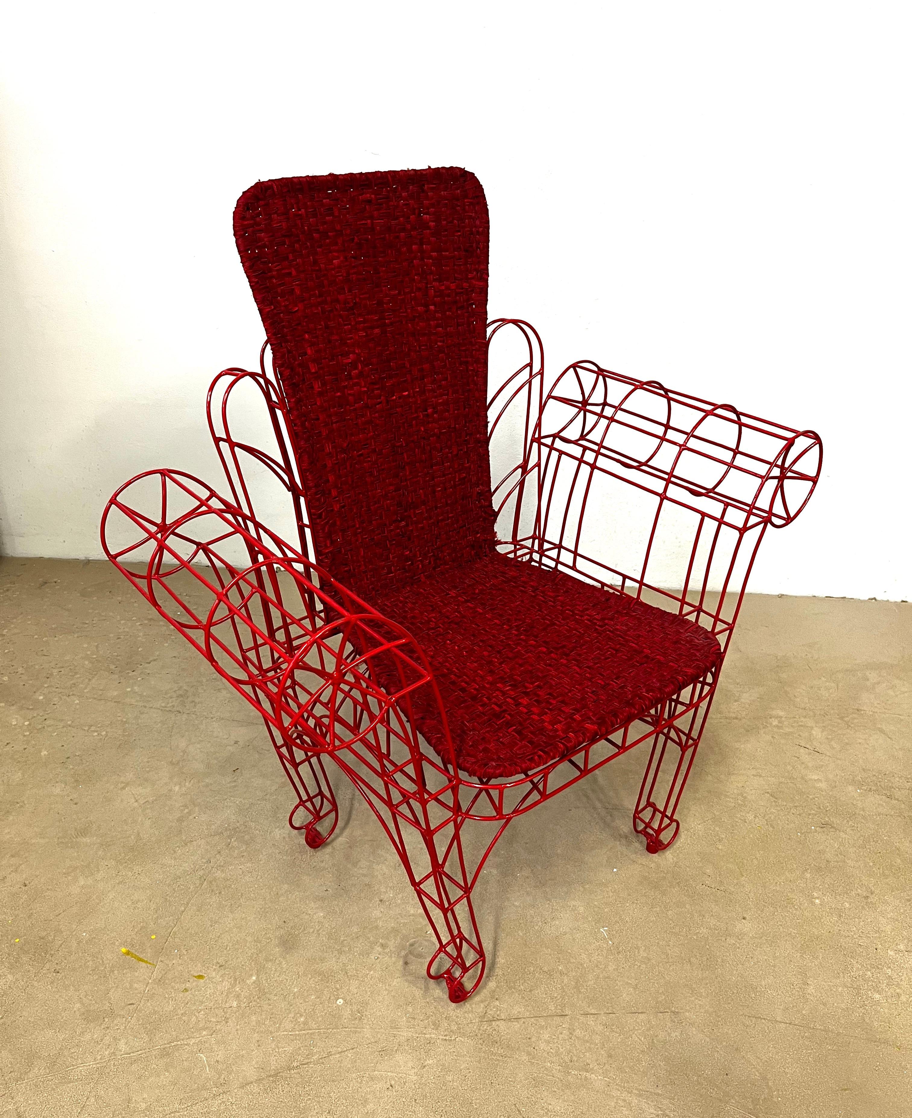 Rococo Spazzapan Italian Post-Modern Pop Art Red Metal Armchair with Fabric Seat Cover For Sale