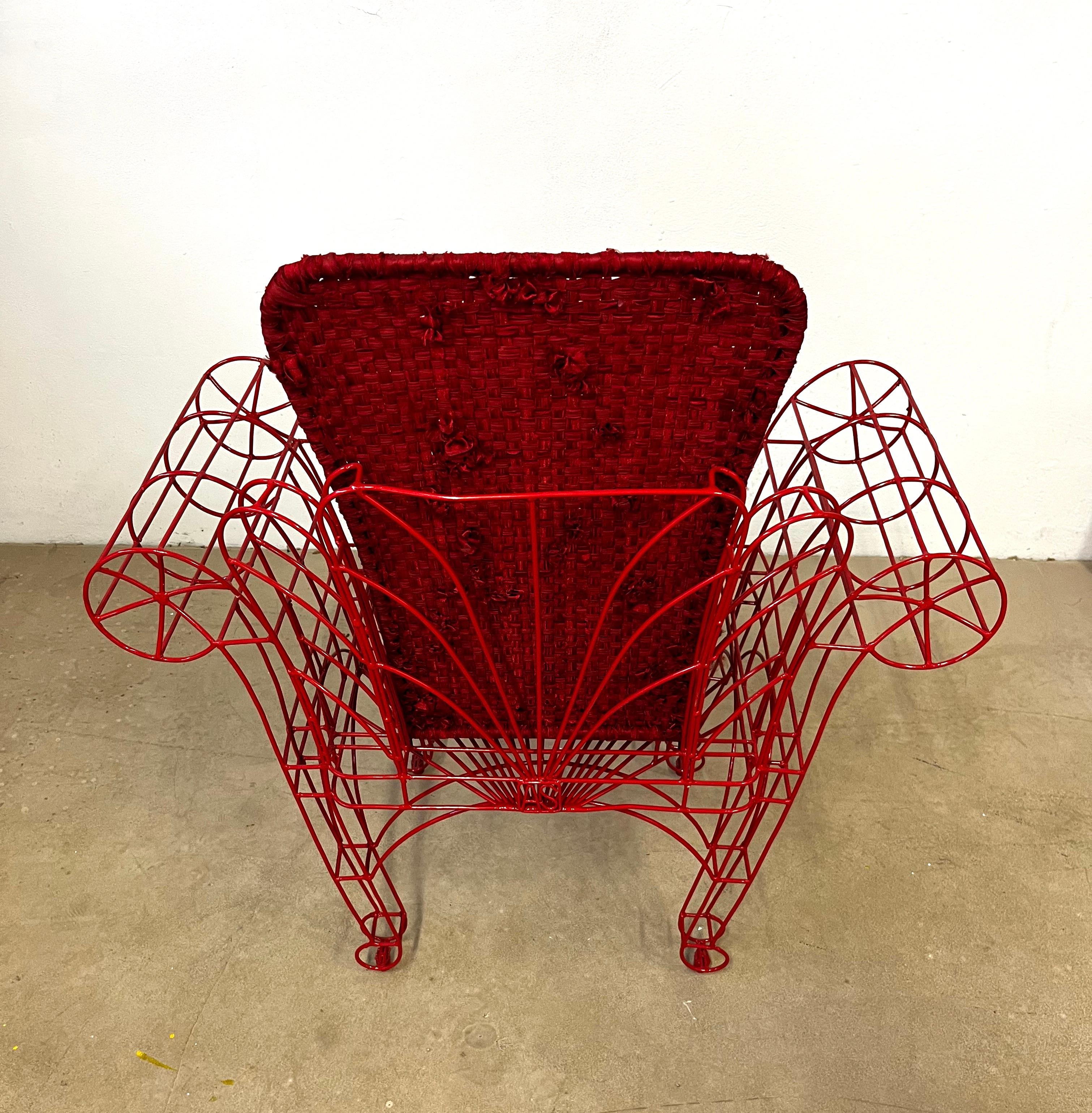 Hand-Crafted Spazzapan Italian Post-Modern Pop Art Red Metal Armchair with Fabric Seat Cover For Sale