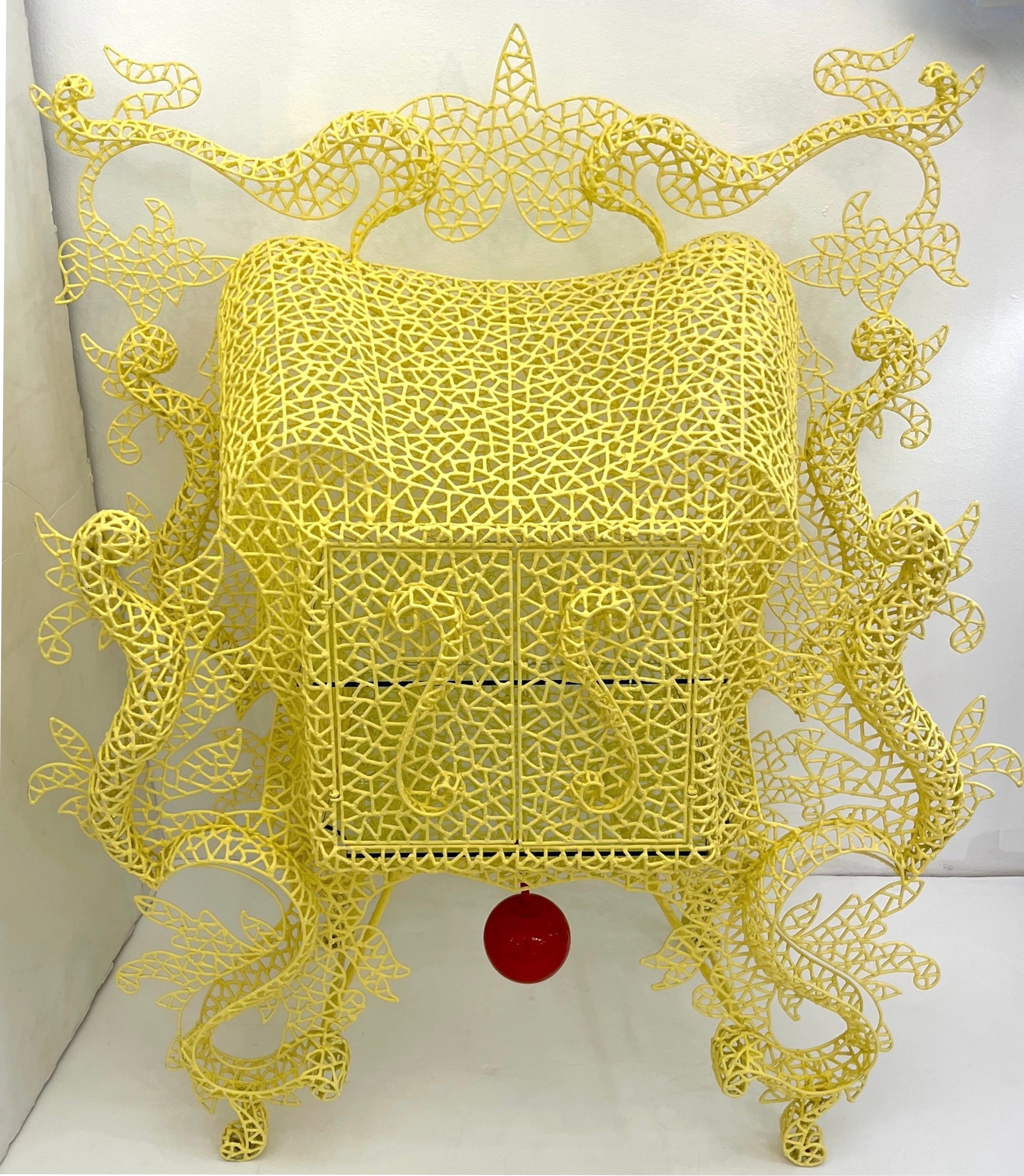 This sculptural lemon yellow metal cabinet is a fun, unique, and rare organic Modern Art Design cabinet, sculpted and signed AS - by the Italian artist, Anacleto Spazzapan (Luino, Italy - 1943). The handmade structure, consisting of hand-welded thin