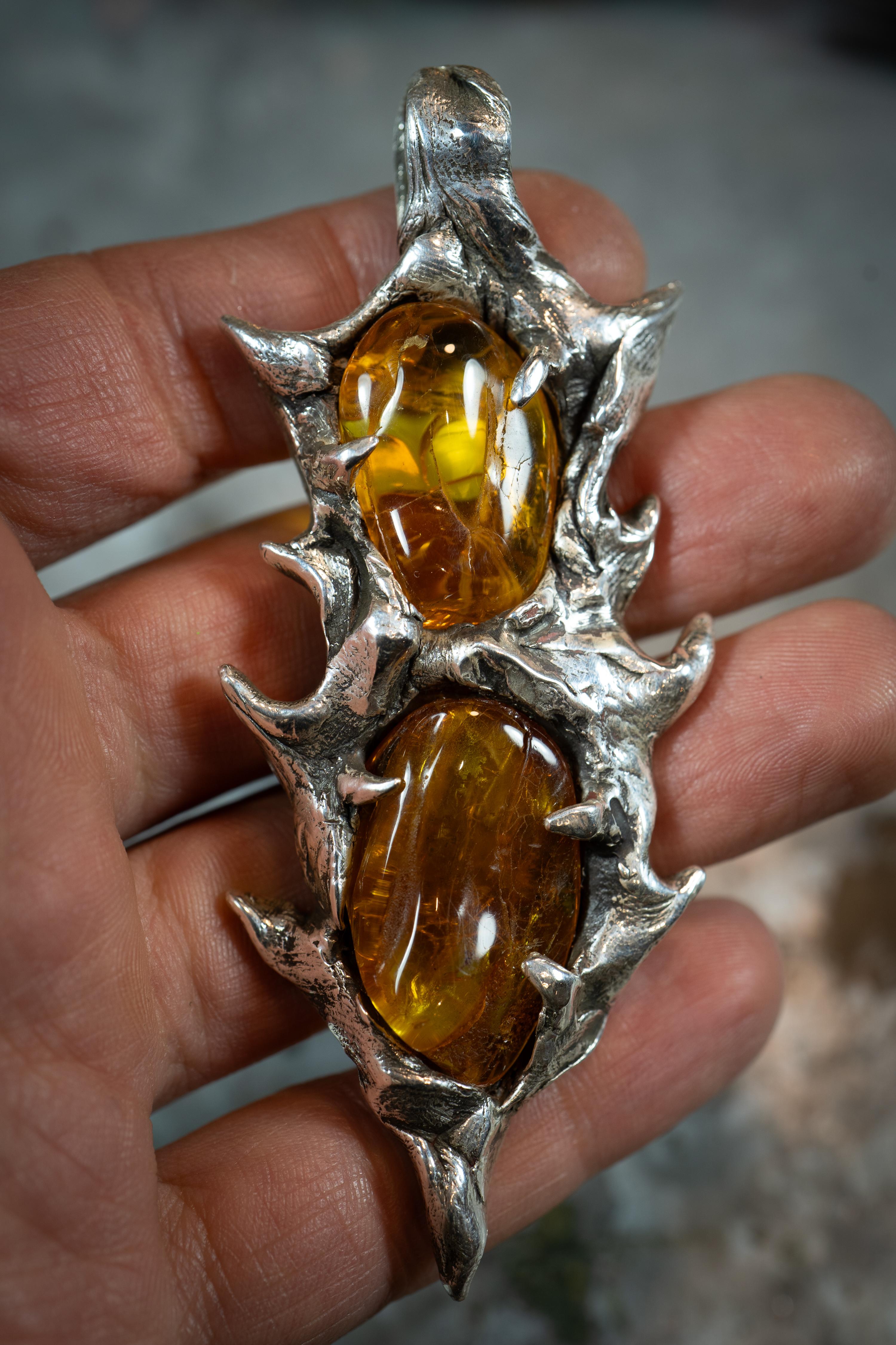 Pear Cut  Spear of Immortality (Baltic Amber, Sterling Silver Pendant) by Ken Fury For Sale