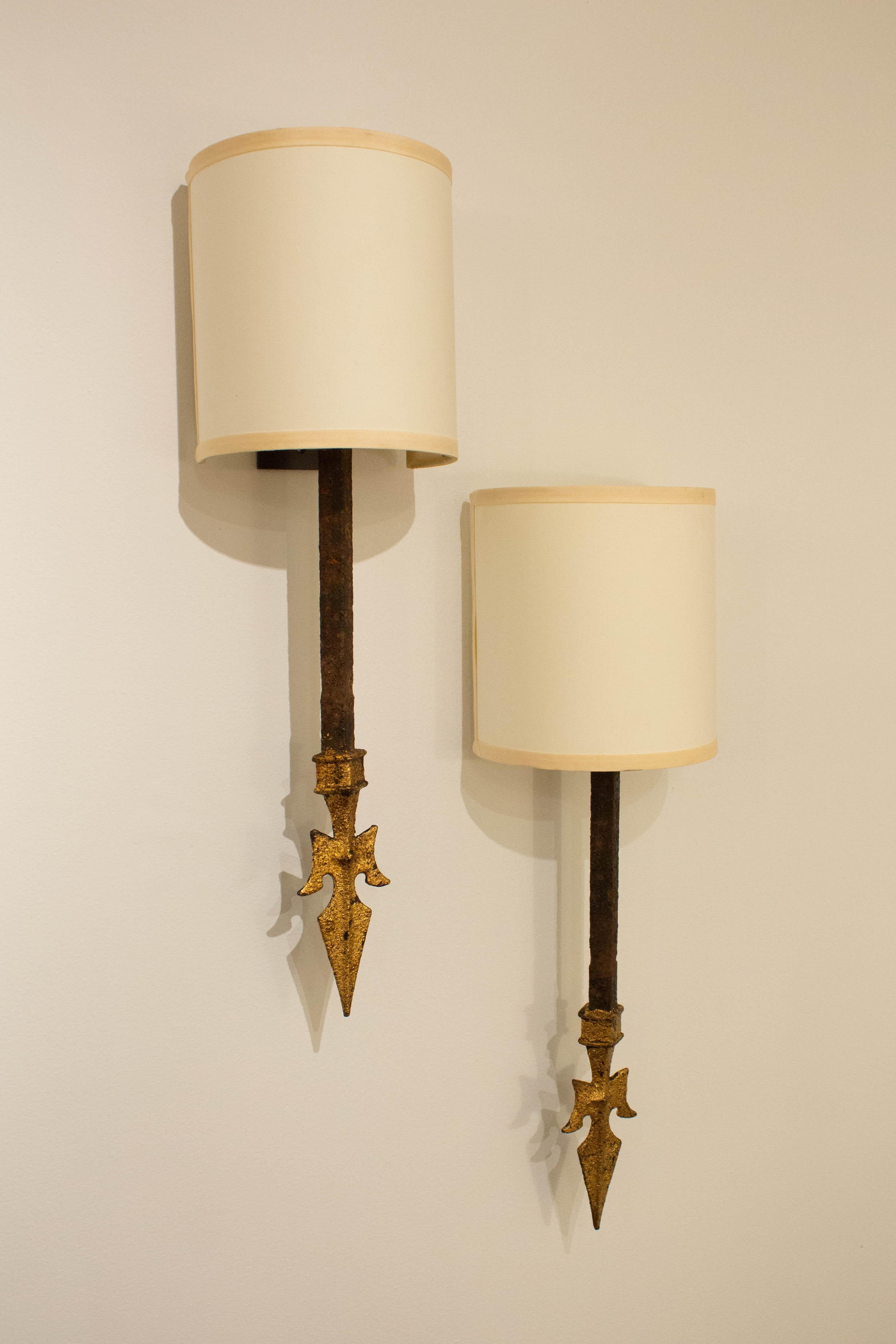 Gothic Revival Spear Point Wrought Iron Wall Sconces - a Pair For Sale