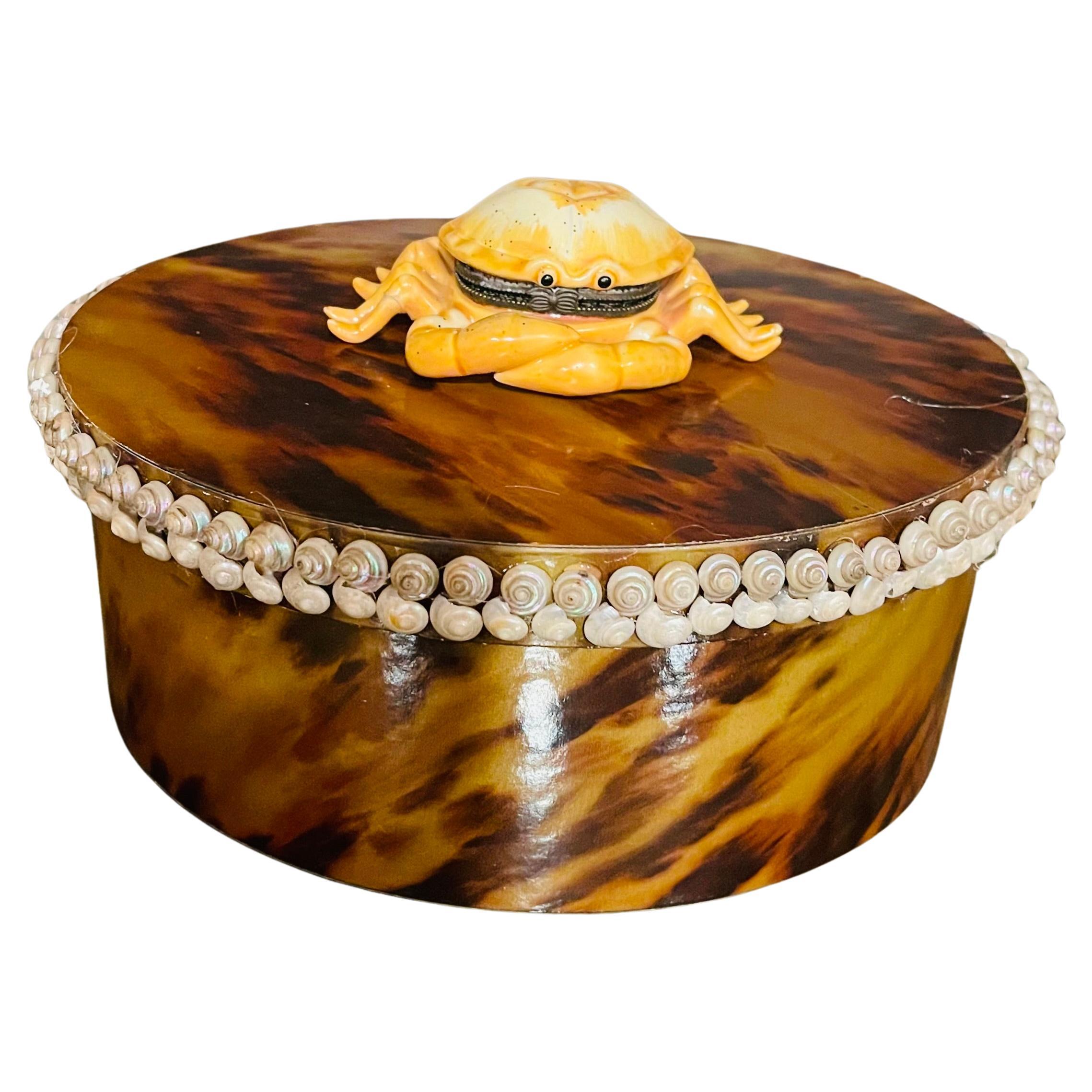 Spec Tortoise Paper Oval Box with Sea Shells and Crab Porcelain Pill Box For Sale