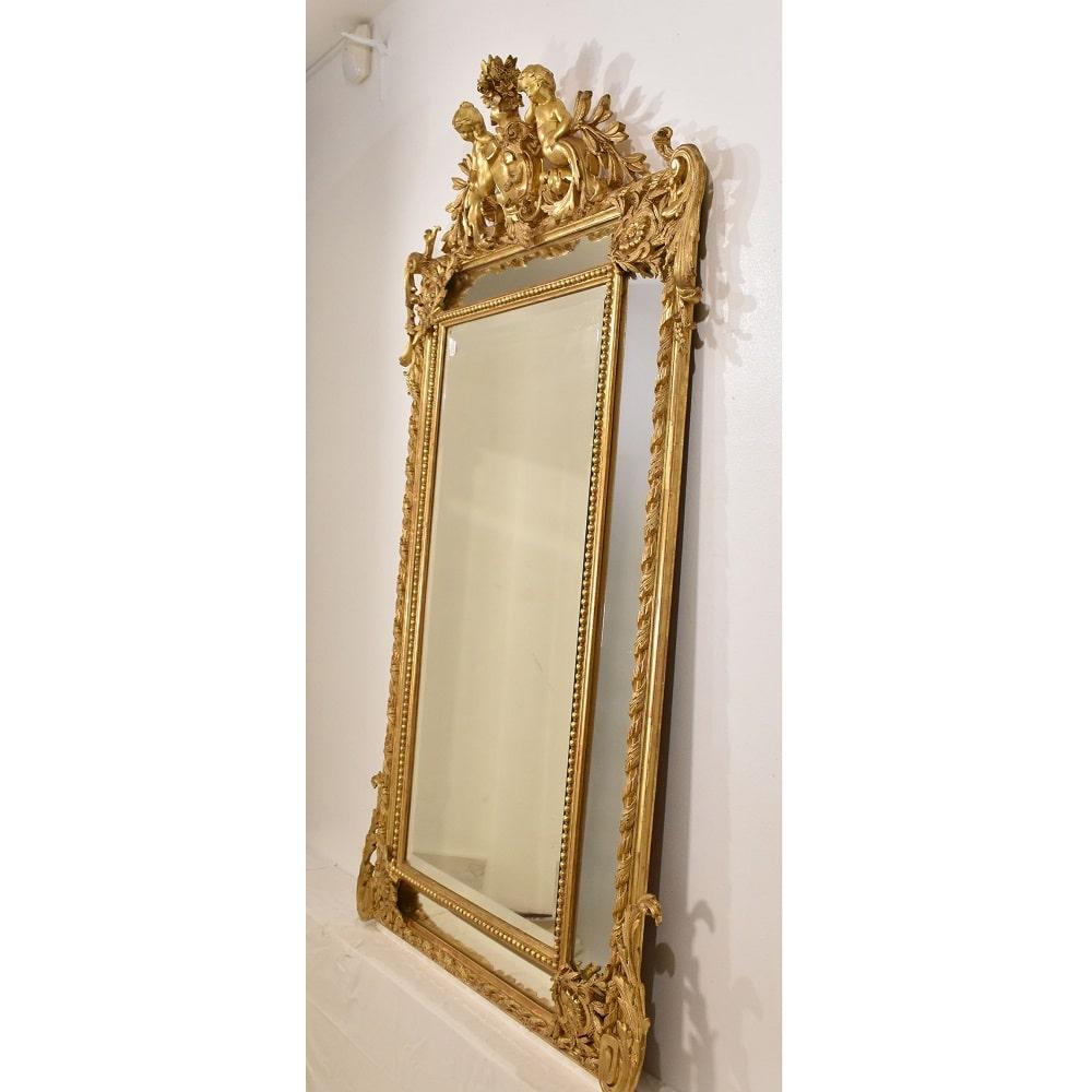 Gesso Specchiera Antica Con Putti E Volute, Dorata In Foglia Di Oro Zecchino,  XIX. in vendita