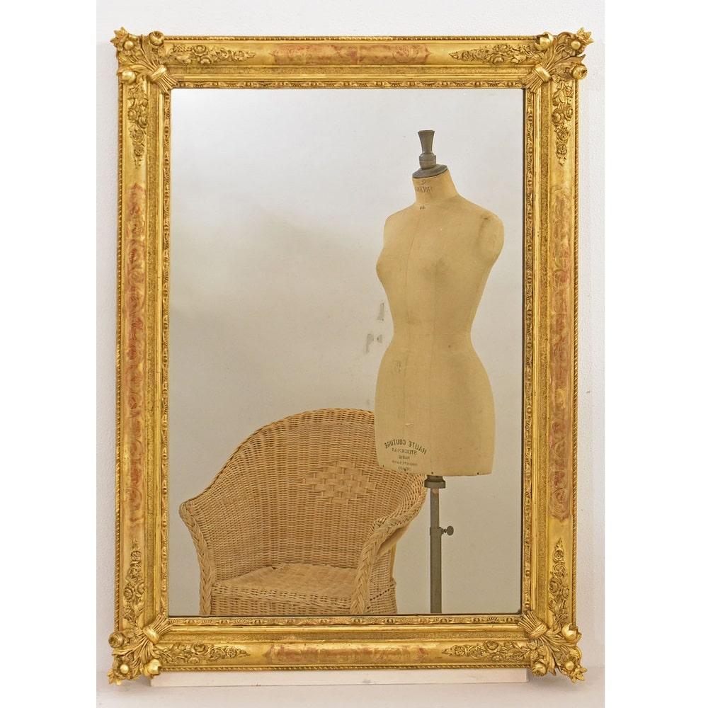 Louis-Philippe Miroir rectangulaire ancien, cadre doré à la feuille d'or, 19e siècle. en vente