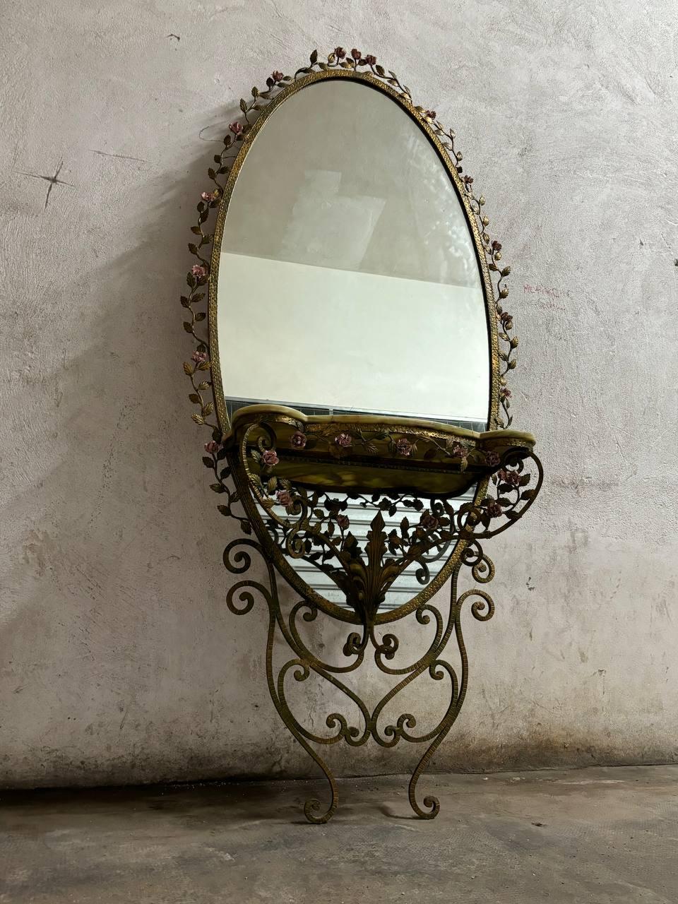 Italian Miroir et console en fer forgé laiton/marbre par Pierluigi Colli 20e siècle en vente