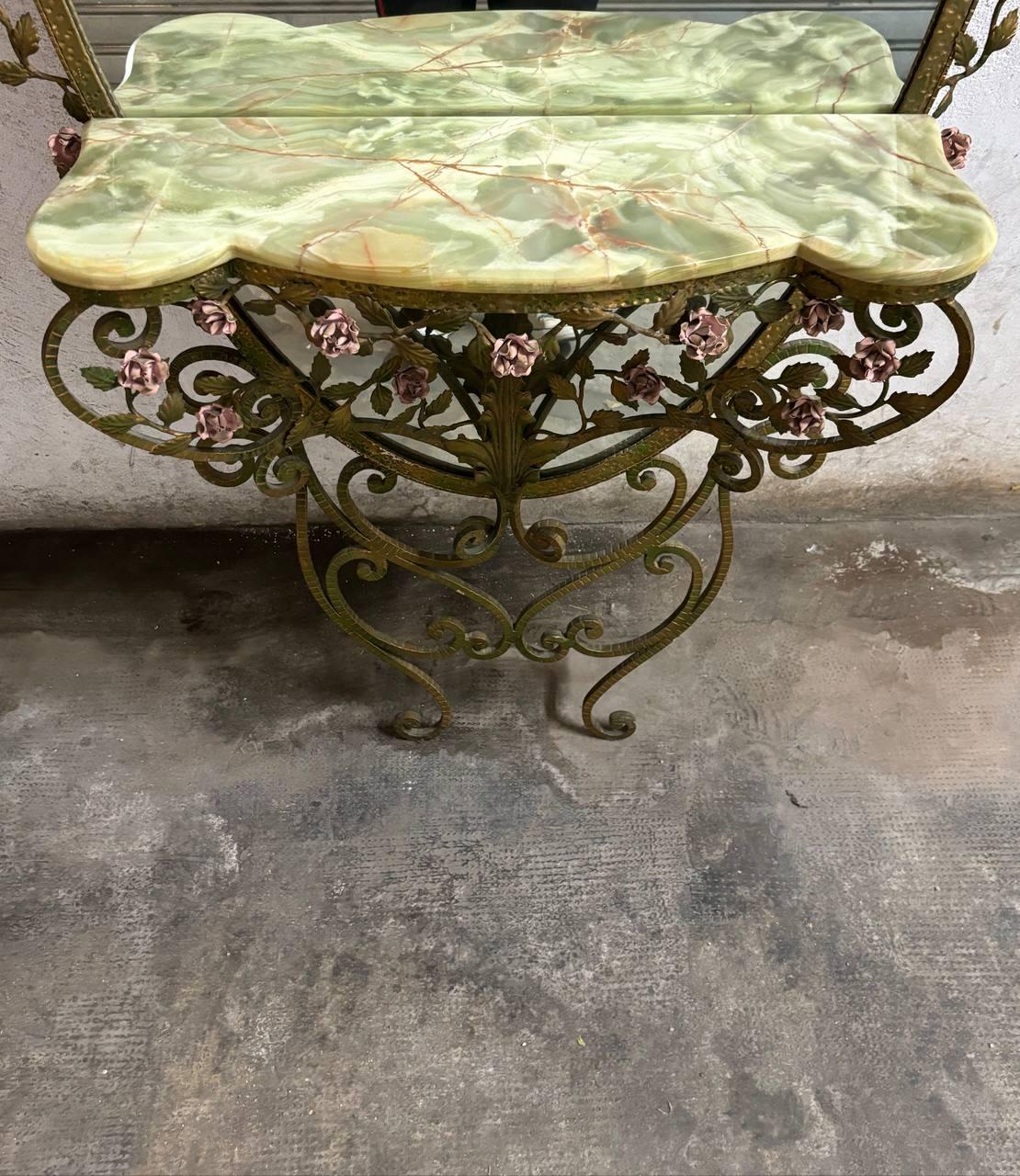 20th Century Miroir et console en fer forgé laiton/marbre par Pierluigi Colli 20e siècle en vente