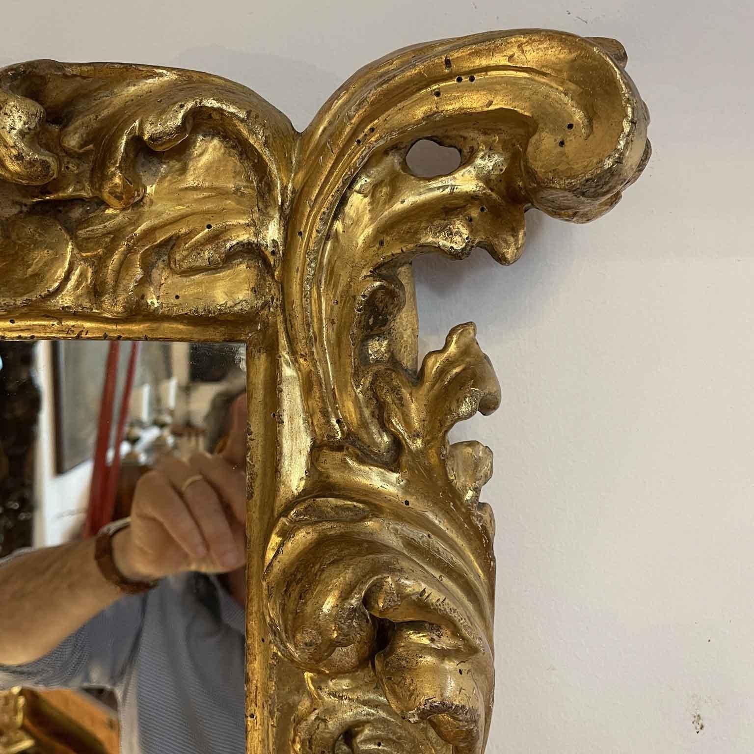 Gilded Cornice Del 1700, splendid Italian Louis XIV style mirror in carved wood, rectangular shape centered by  modern mirror, richly carved with deep scrollwork decorated with foliage and auspicious motifs, bunches of grapes. The antique frame of
