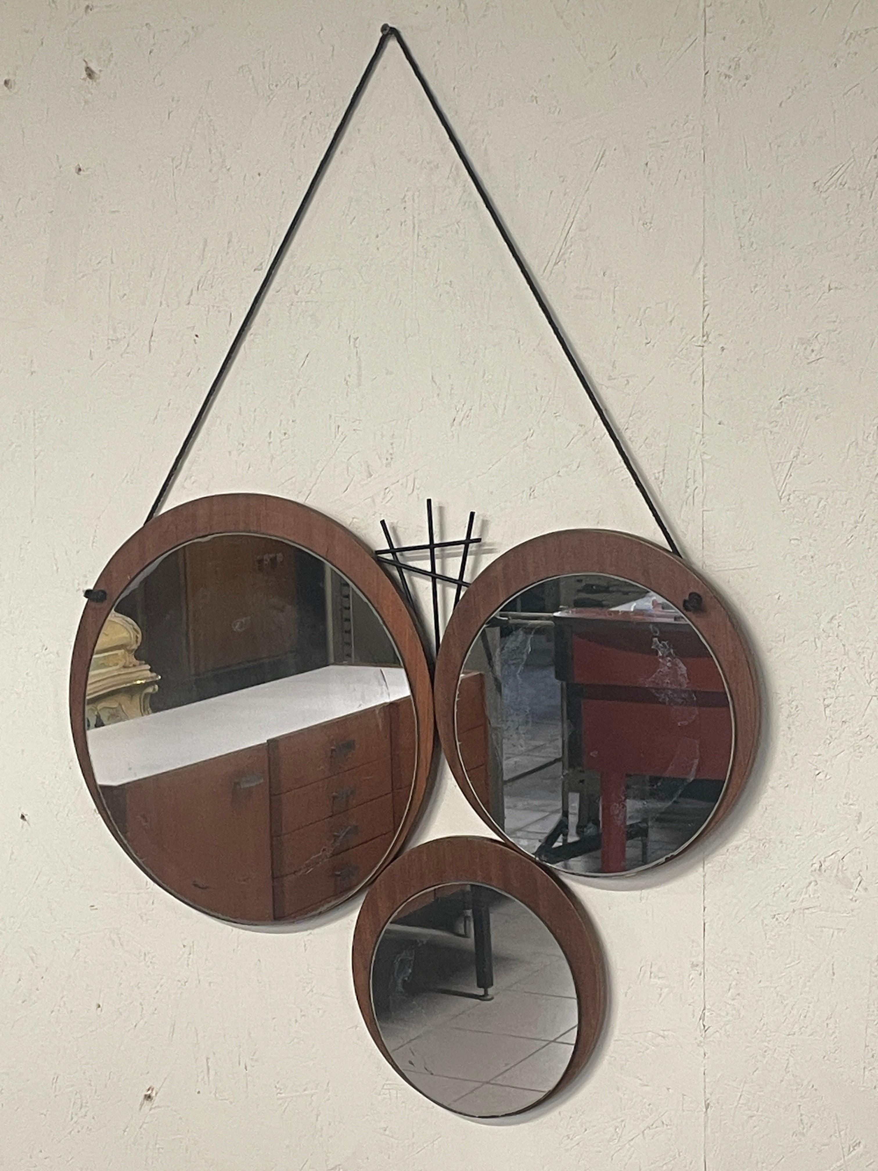 1960s mirror with geometrically patterned teak base For Sale 3