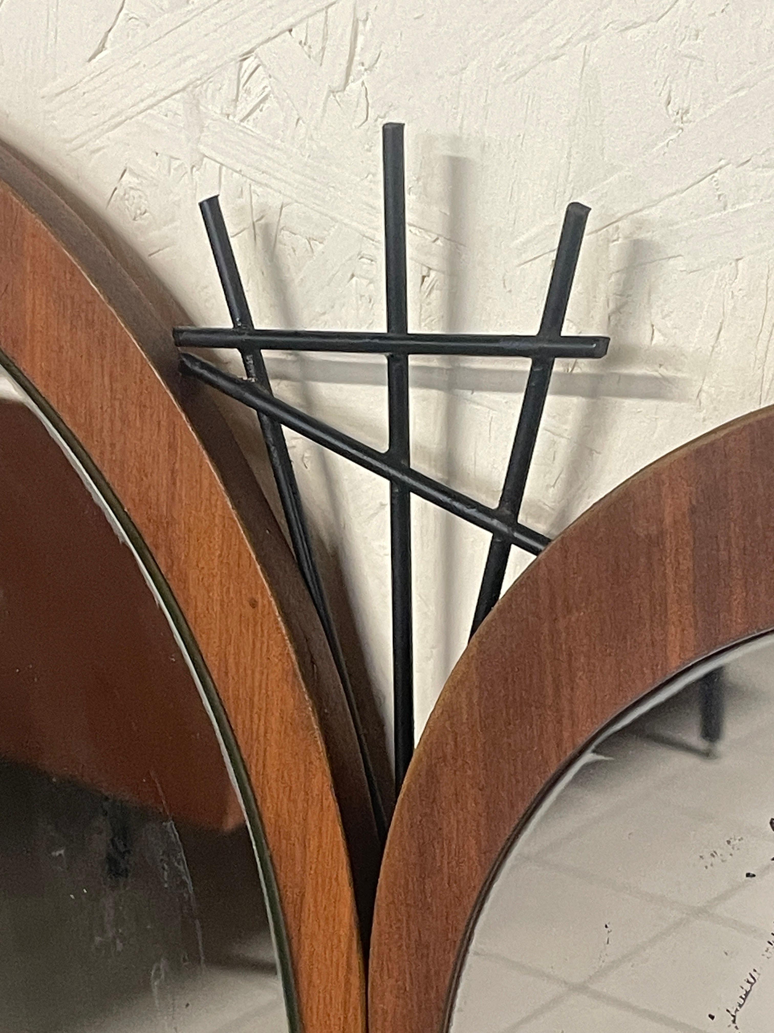 1960s mirror with geometrically patterned teak base For Sale 1