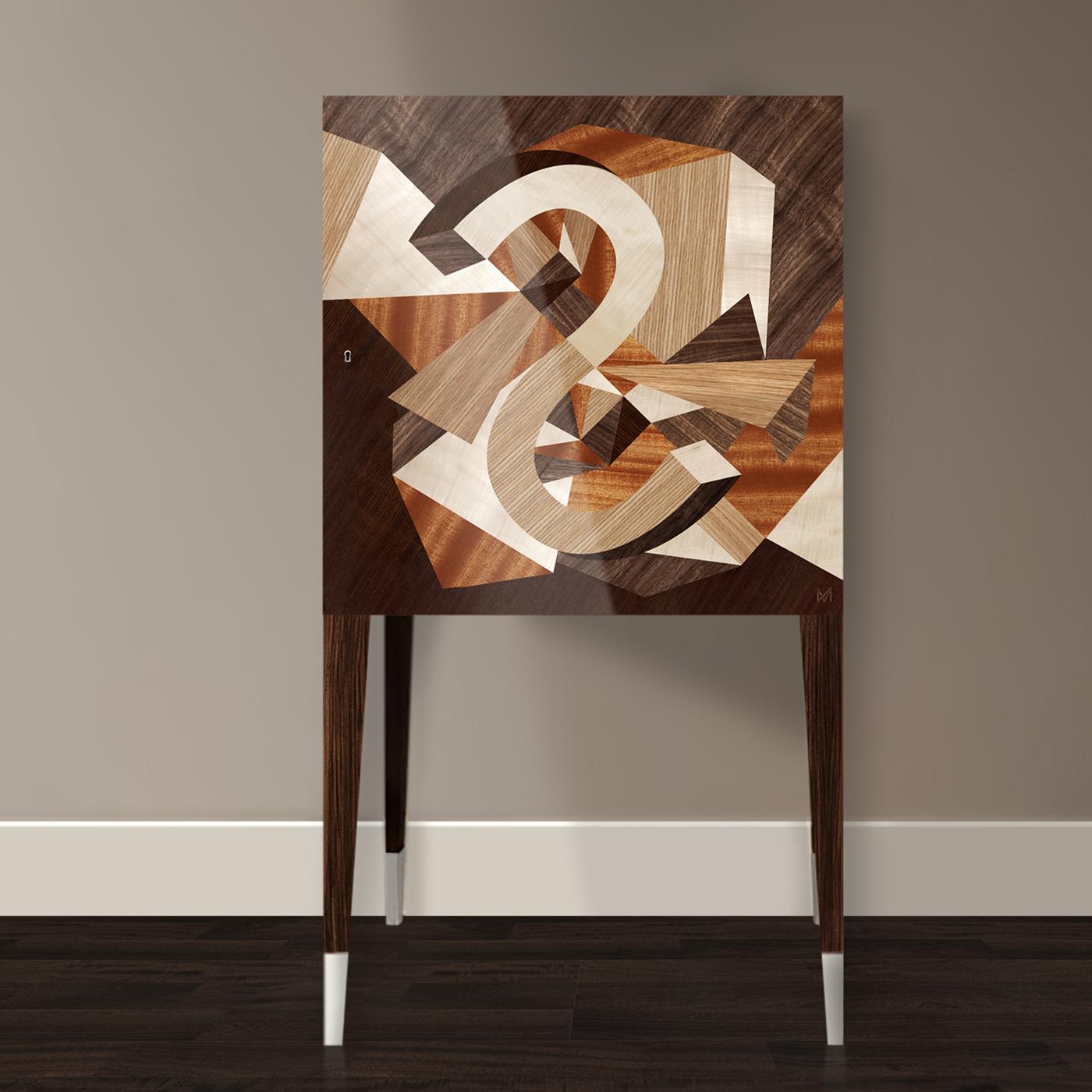 Inlays from five different kinds of wood define the door of this bar cabinet, freely mixed together in an abstract design of great visual effect. Entirely handcrafted, the rosewood frame is supported by tall, slender legs accented with polished