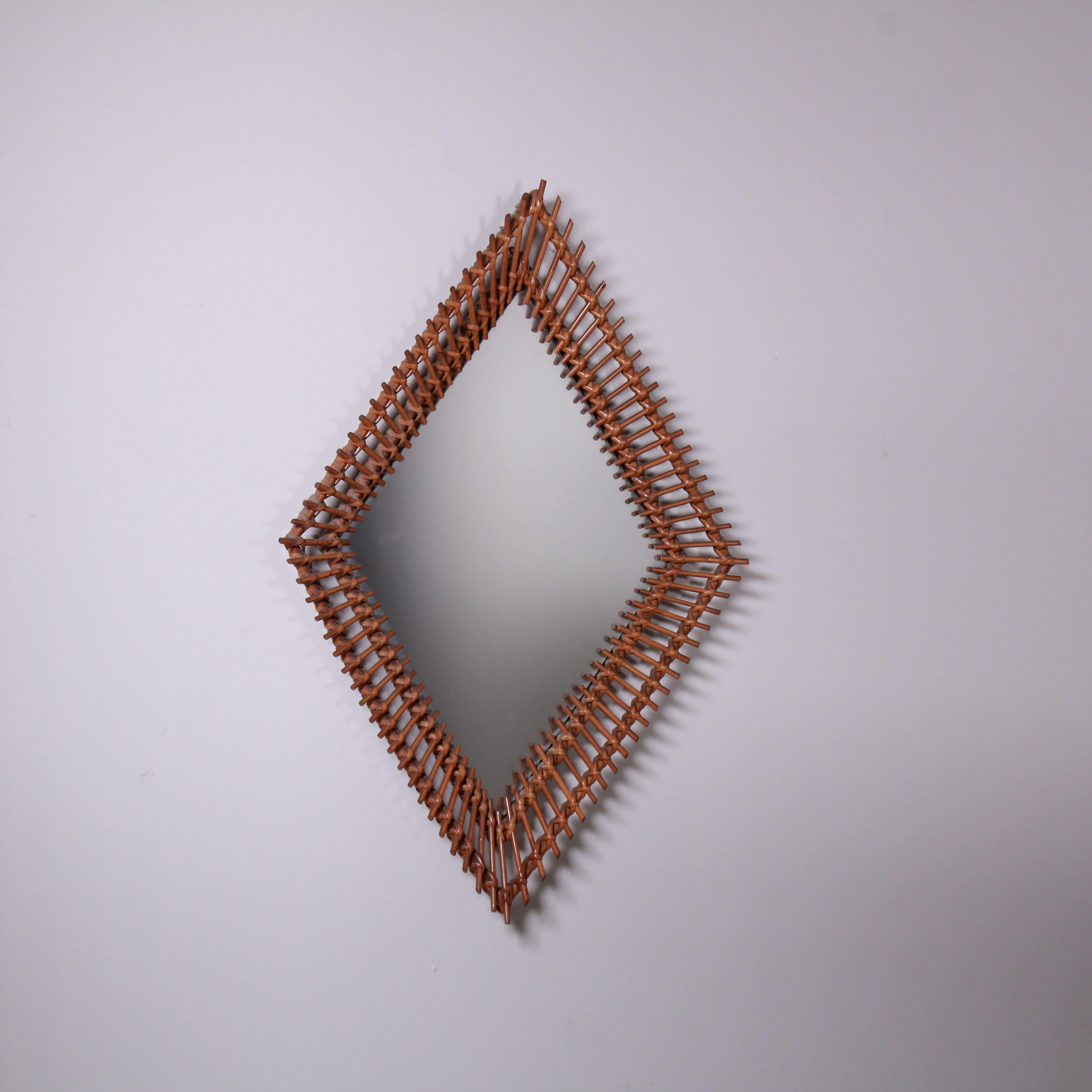 Mid-Century Modern Miroir avec cadre en rotin, 1965 en vente